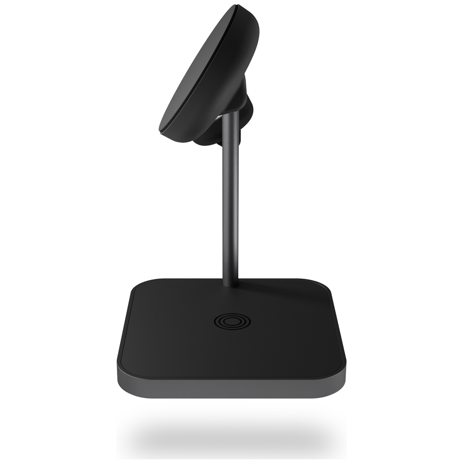 Black wireless charging stand with a rounded base and a pivoting head.