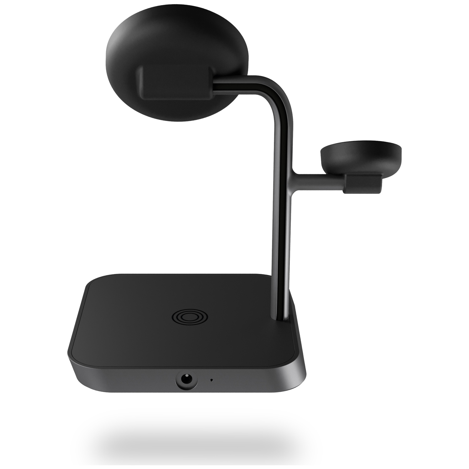 A black multi-device charging stand with a square base, a vertical arm, and two circular charging pads, against a white background.