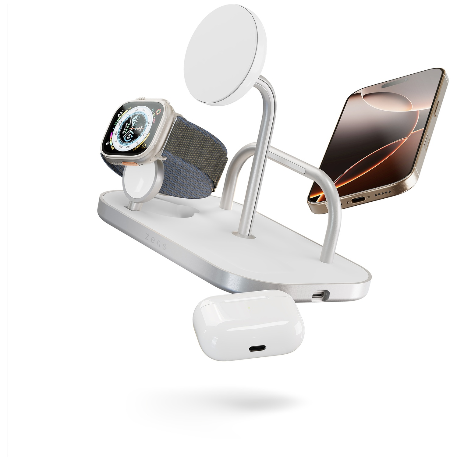 A white charging stand with a watch, phone, and earbuds.