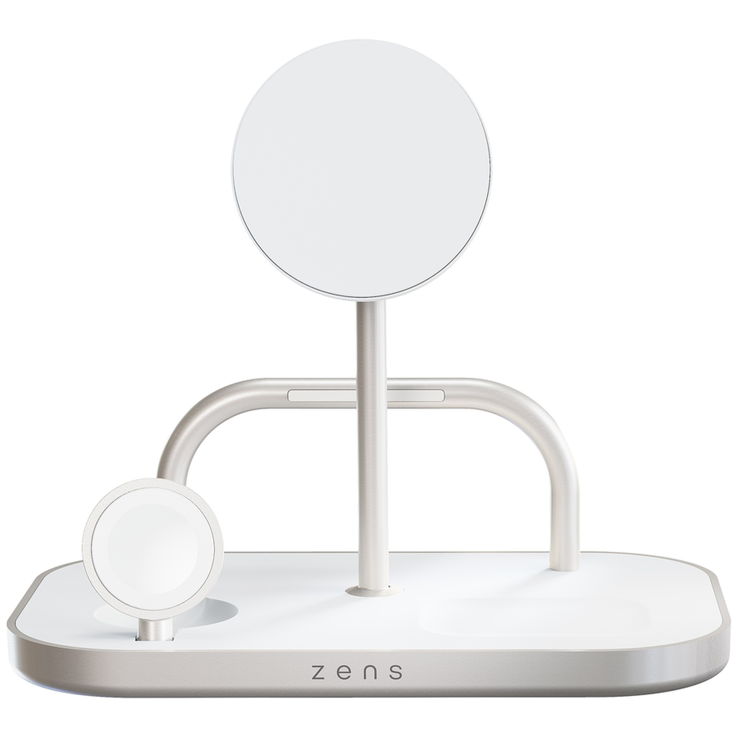 A white and silver multi-device charging stand with circular charging pads for a phone and a smartwatch, on a white background.