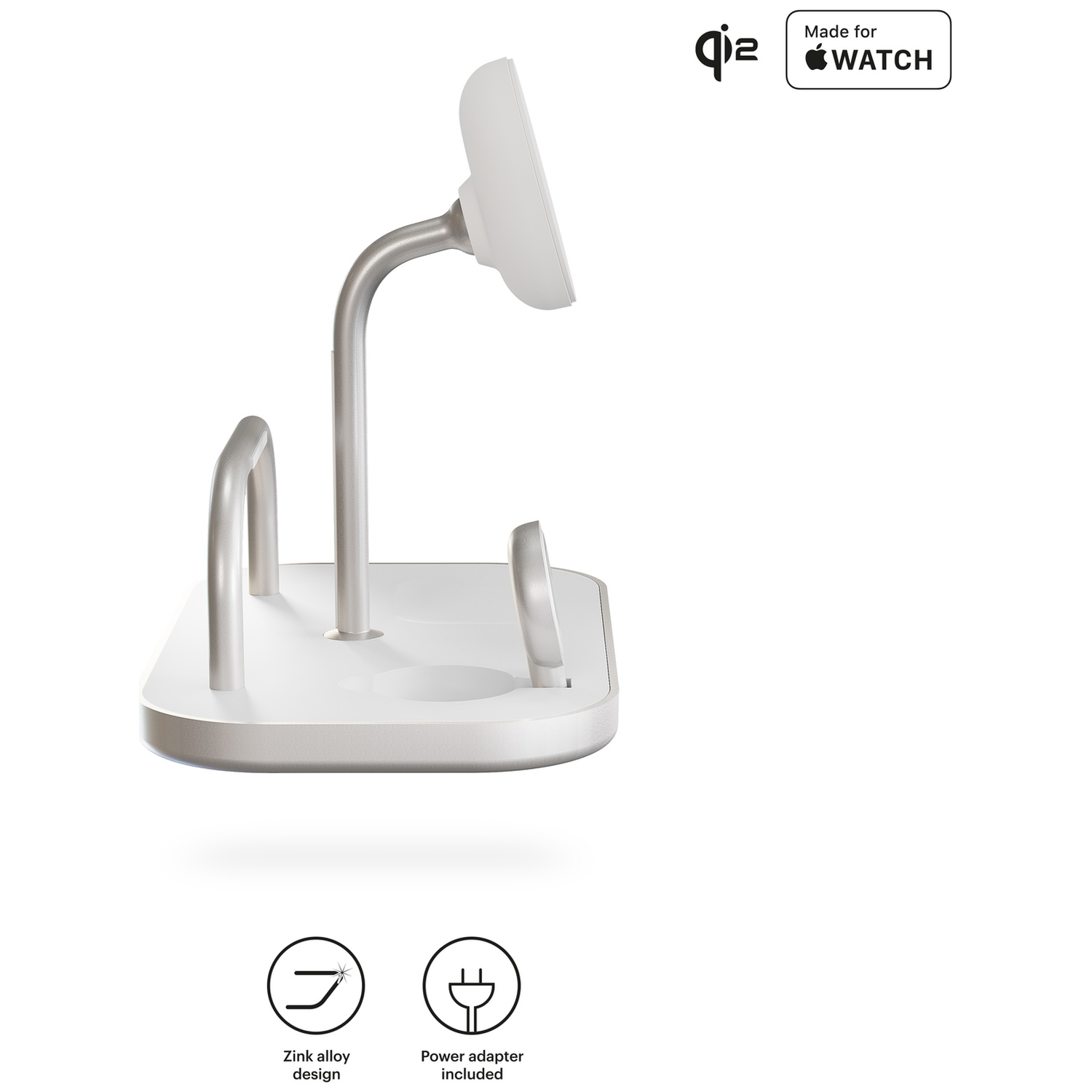 A white charging stand with a metal arm for a white Apple Watch.