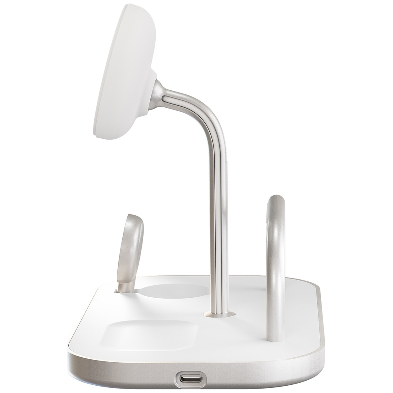 A white and silver multi-device charging stand is shown from a side angle, featuring a phone charger, watch charger, and AirPods charger.