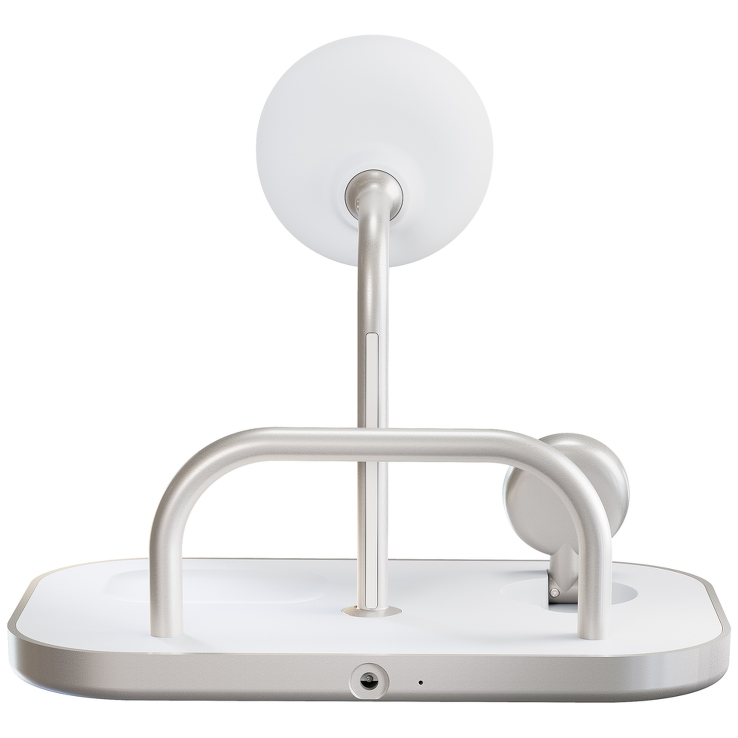 A white lamp with a silver frame on a white base.