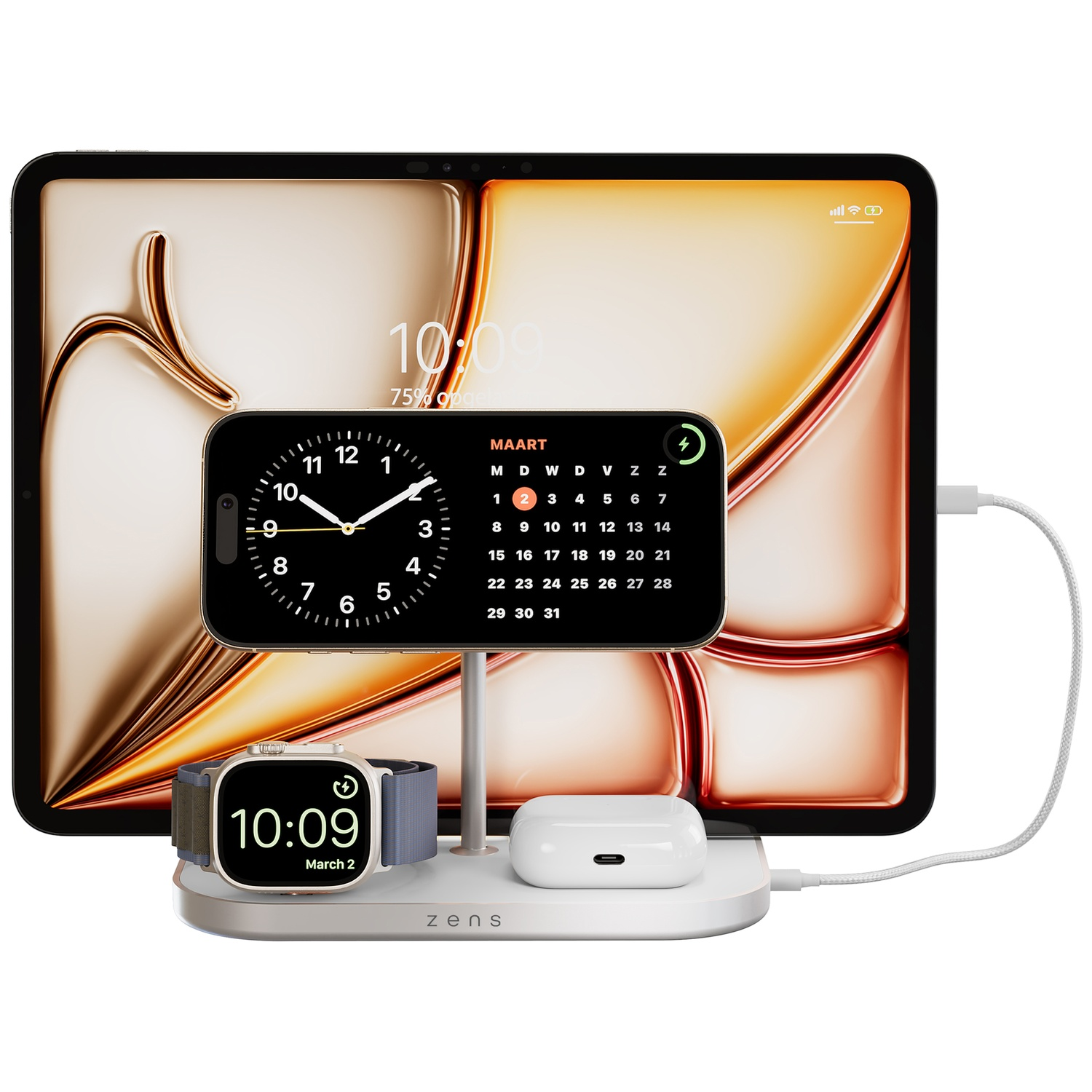 A multi-device charger with a watch, phone, and earbuds.