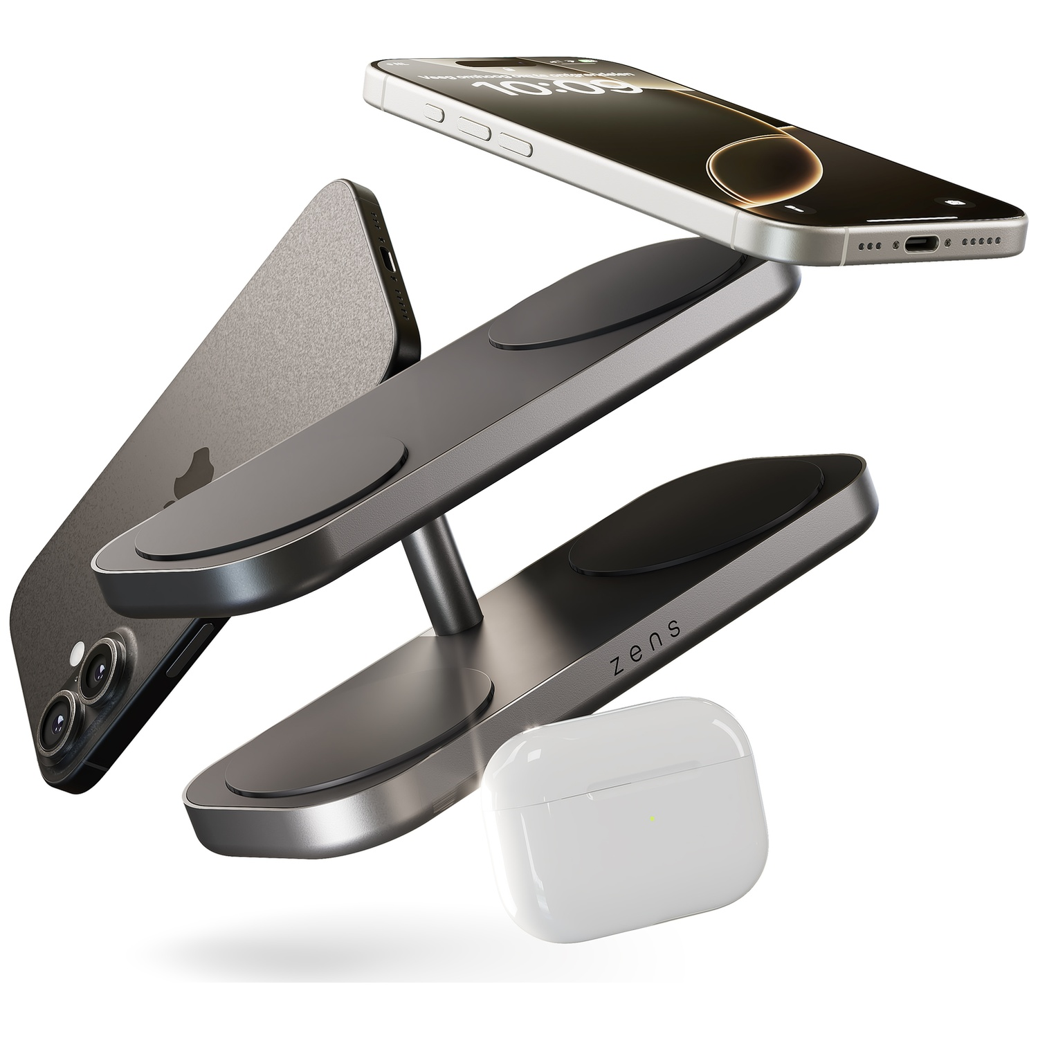 A silver iPhone, a charging stand, and white earbuds on a white background.