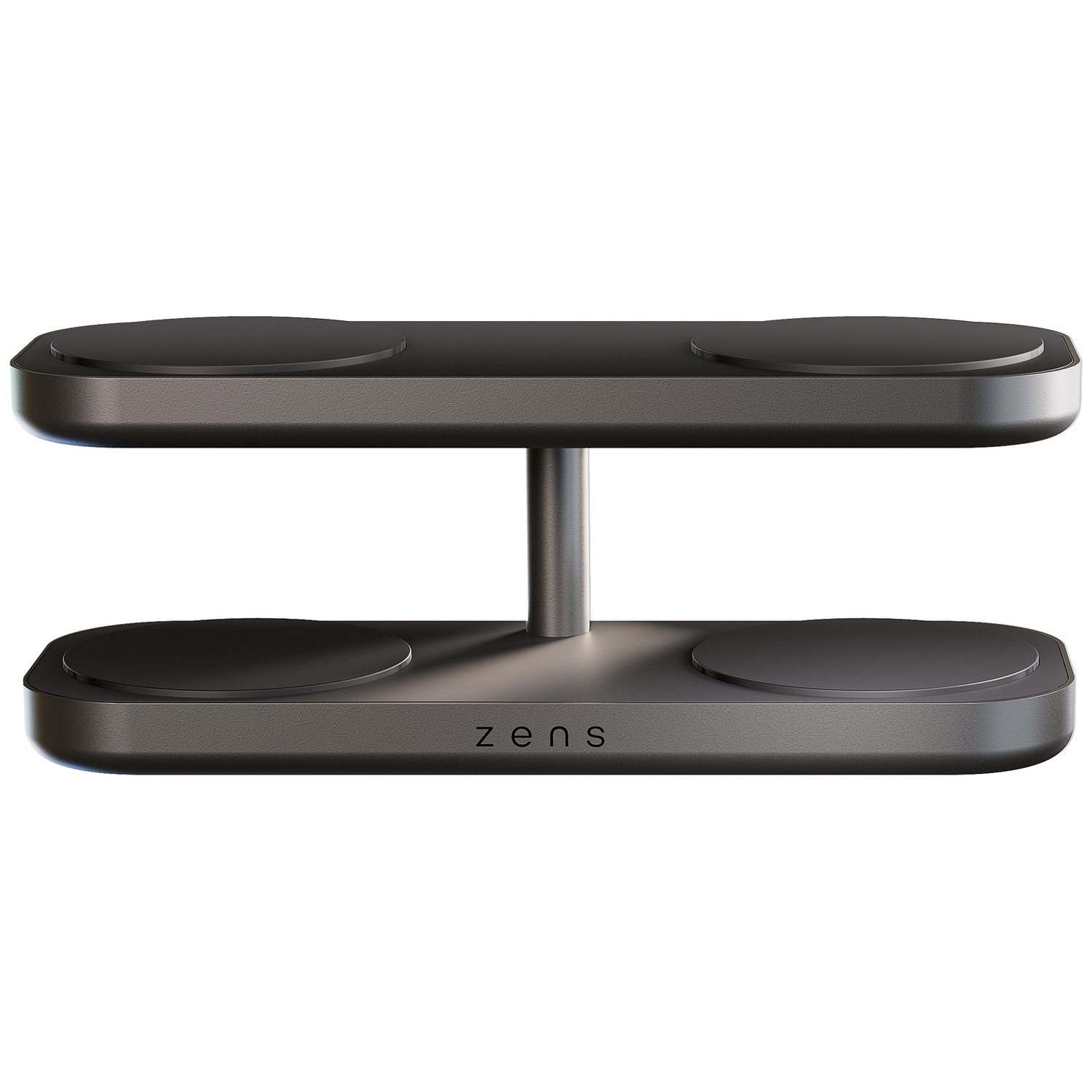A black two-tiered charging stand with four circular charging pads, two on each level, and a central support.