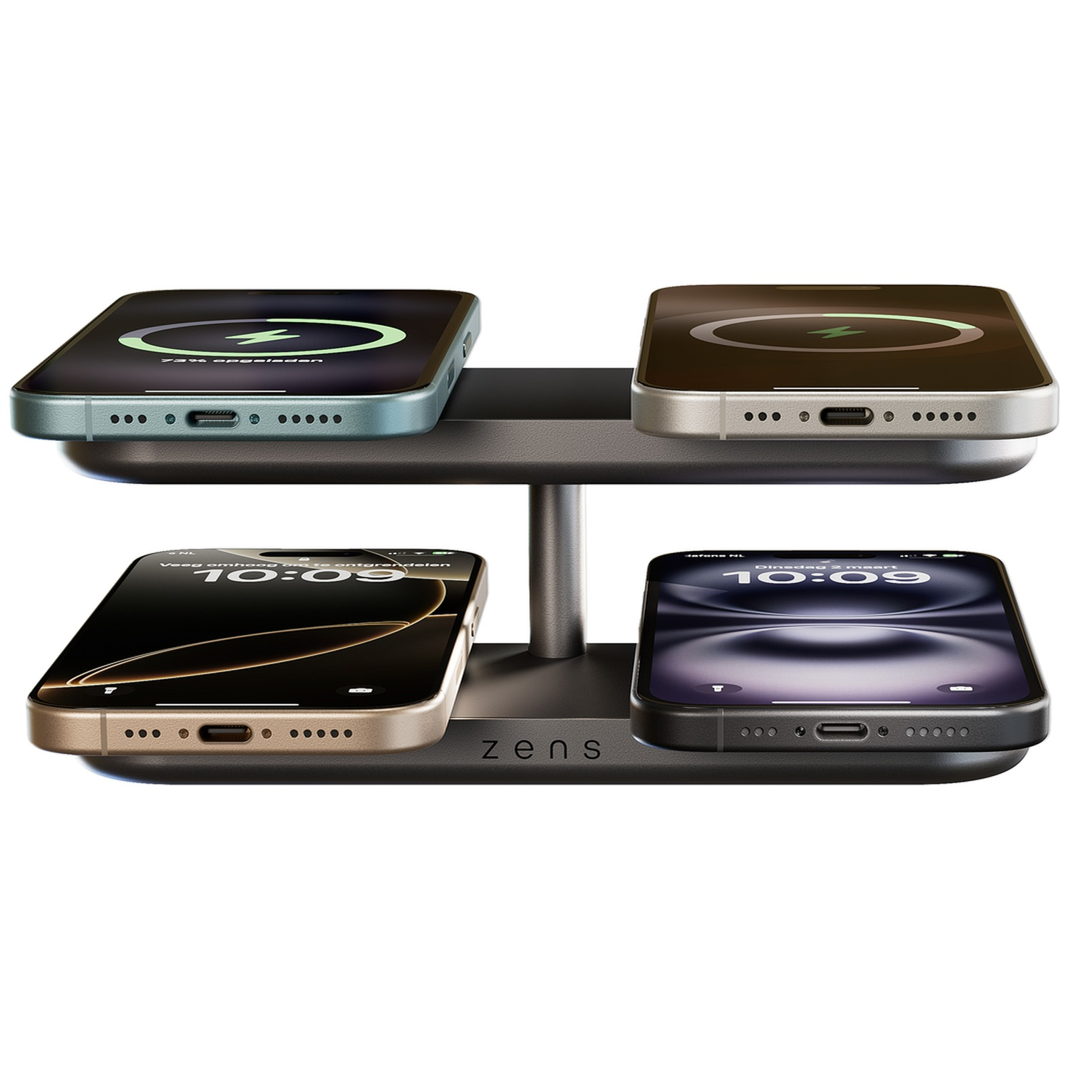 Four iPhones charging on a two-tiered black stand.