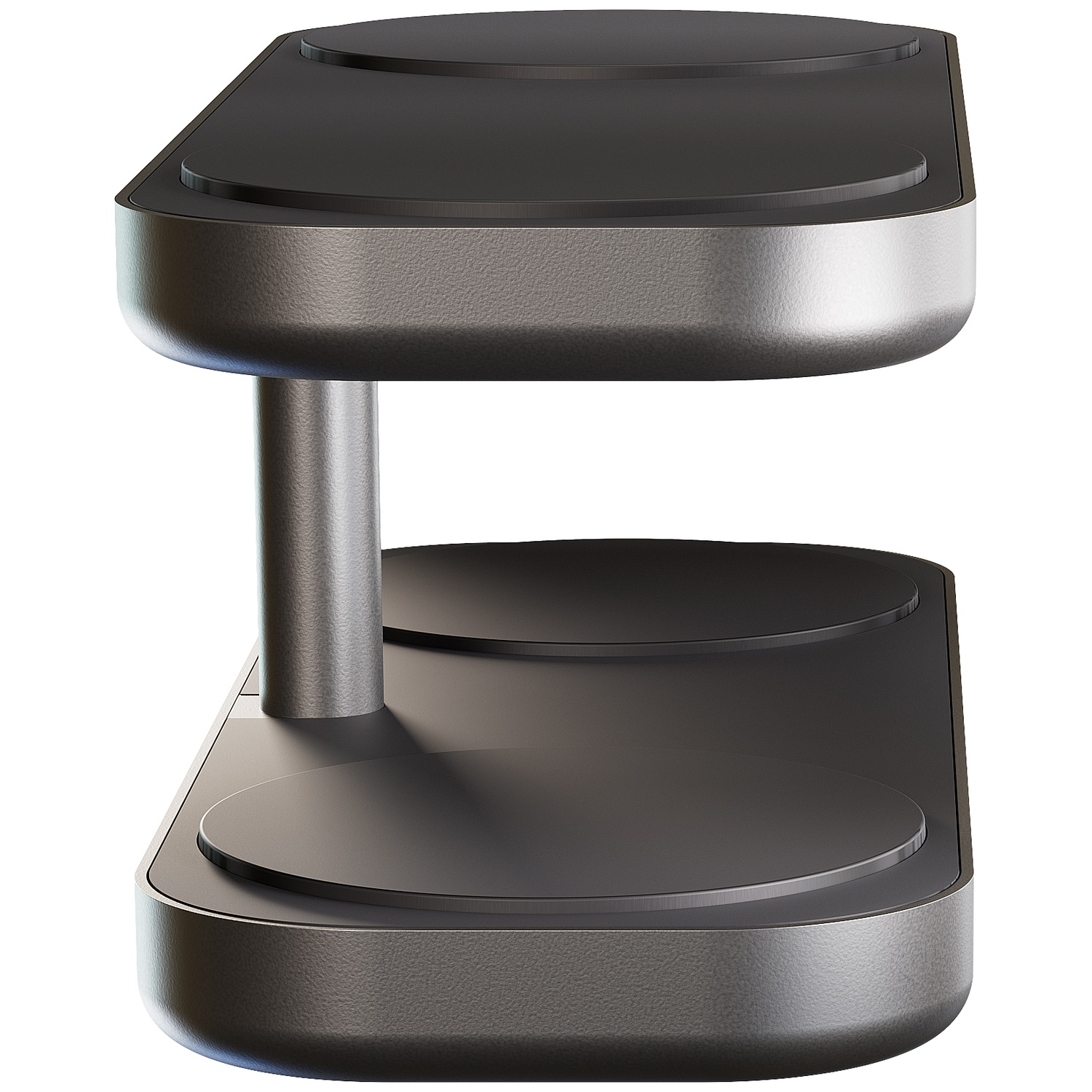 A two-tiered, dark stand with round platforms and silver supports.