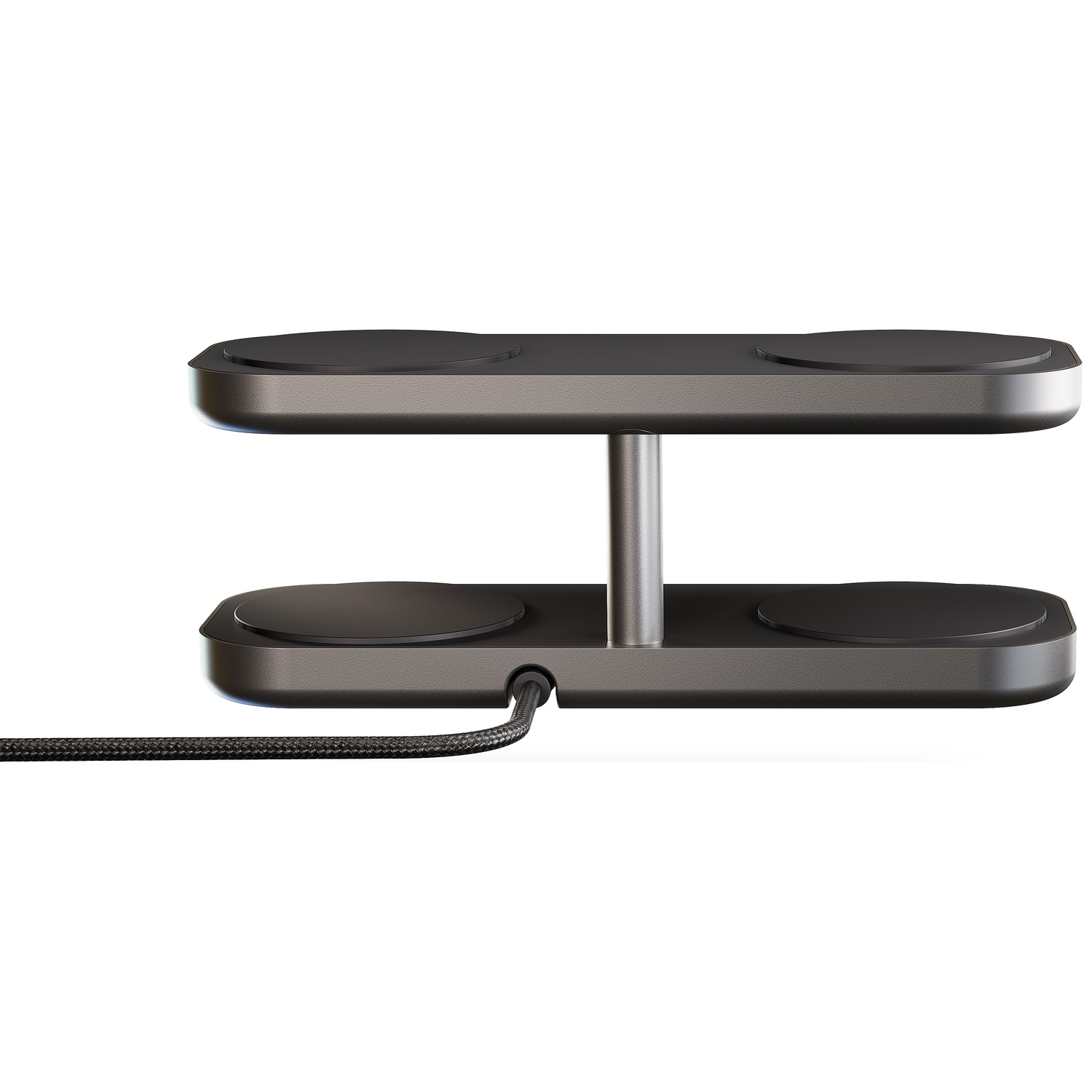 A gray two-tiered charger for two devices, with a cable.