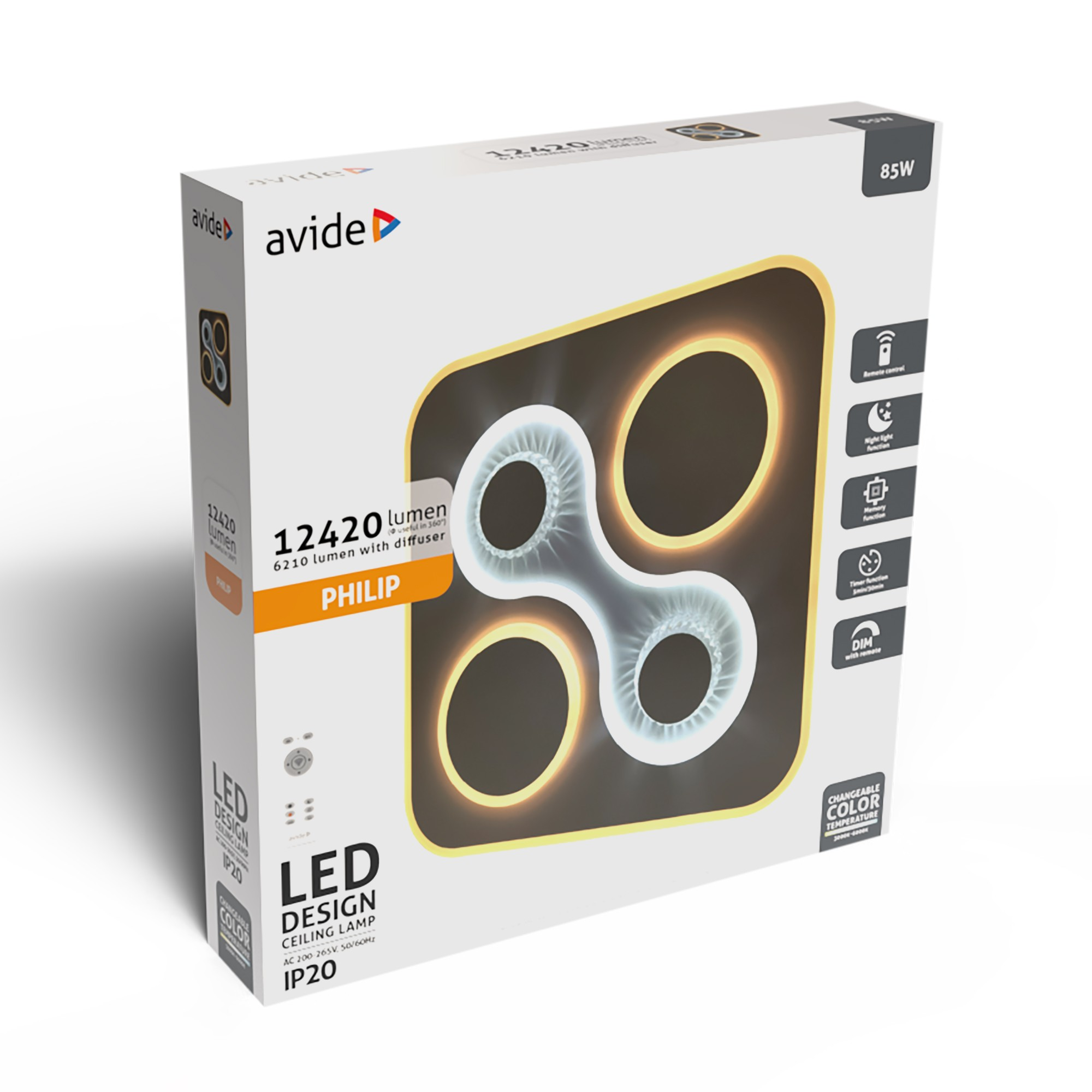 Egy 85W-os, 12420 lumenes, modern dizájnú mennyezeti lámpa doboza.