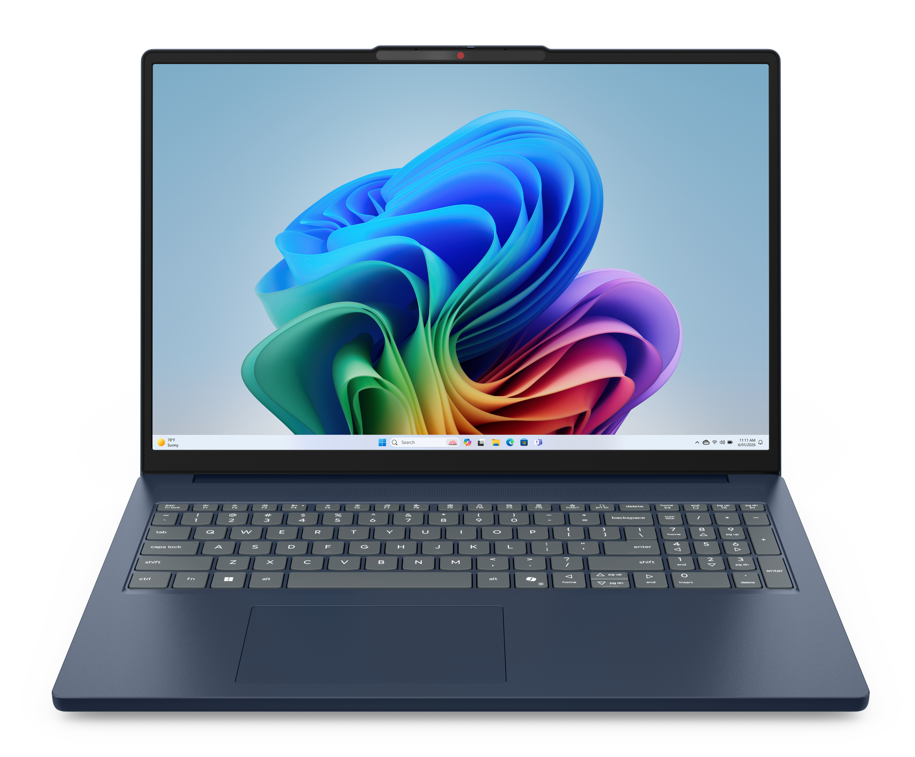 Ciemnoniebieski laptop z kolorową, abstrakcyjną tapetą na ekranie, pokazany od przodu, pod lekkim kątem.