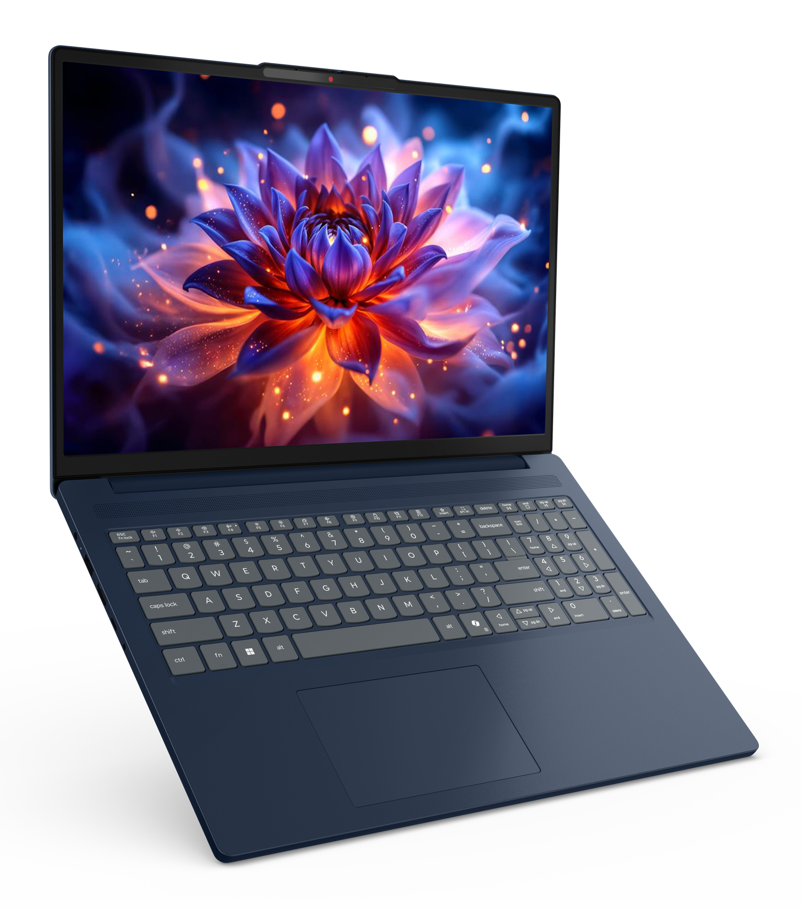 Niebieski laptop z żywym, świecącym kwiatem na ekranie.