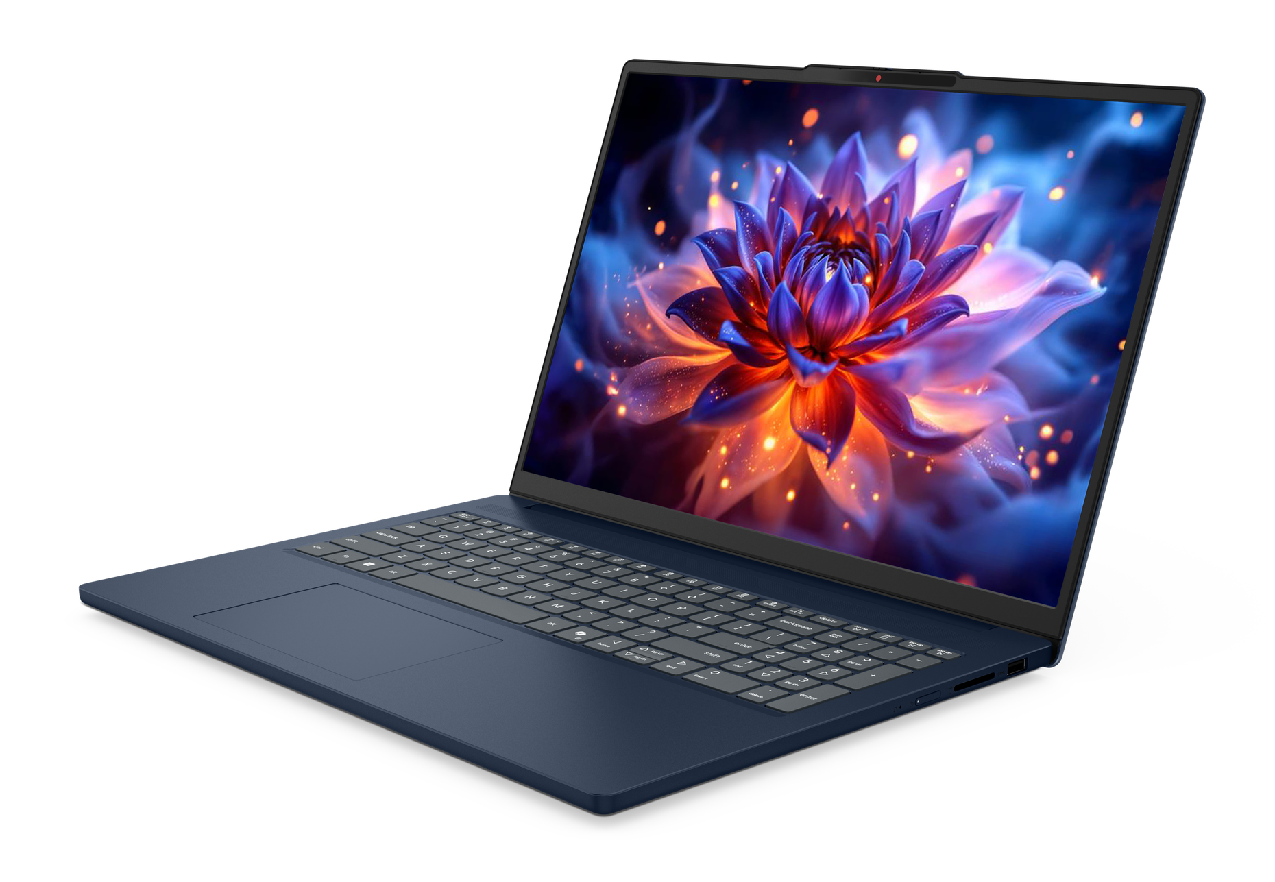 Ciemnoniebieski laptop z żywą kwiatową tapetą przedstawiającą fioletowo-pomarańczowy kwiat na ciemnym tle.