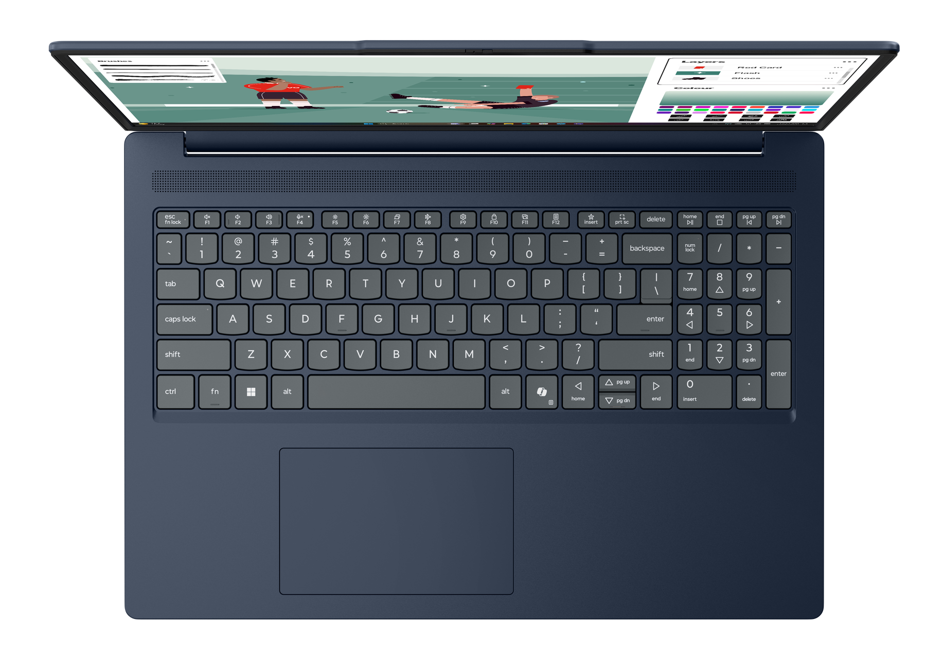 Otwarty niebieski laptop z meczem piłki nożnej na ekranie.