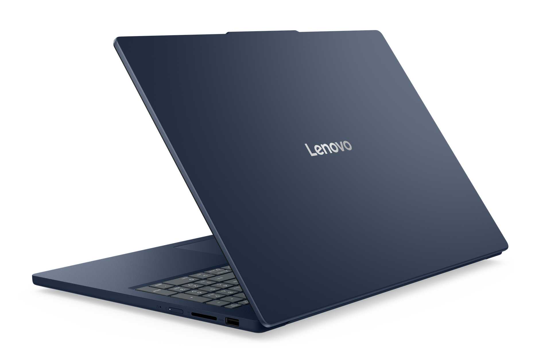 Ciemnoniebieski laptop Lenovo jest otwarty, pokazując klawiaturę i część ekranu.