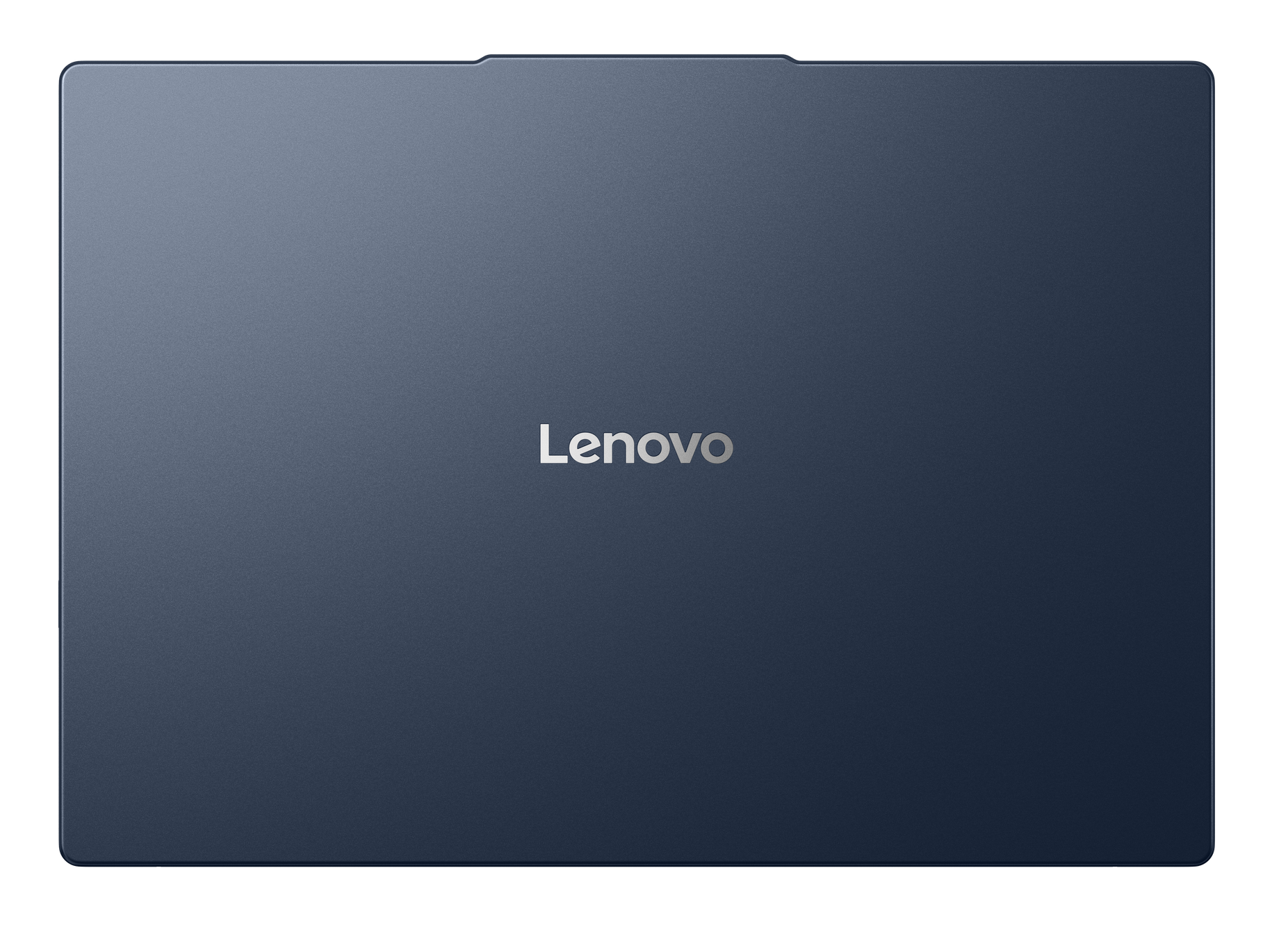 Widok z góry na ciemnoniebieską pokrywę laptopa Lenovo z metalicznym wykończeniem, z centralnie umieszczonym srebrnym logo „Lenovo”.