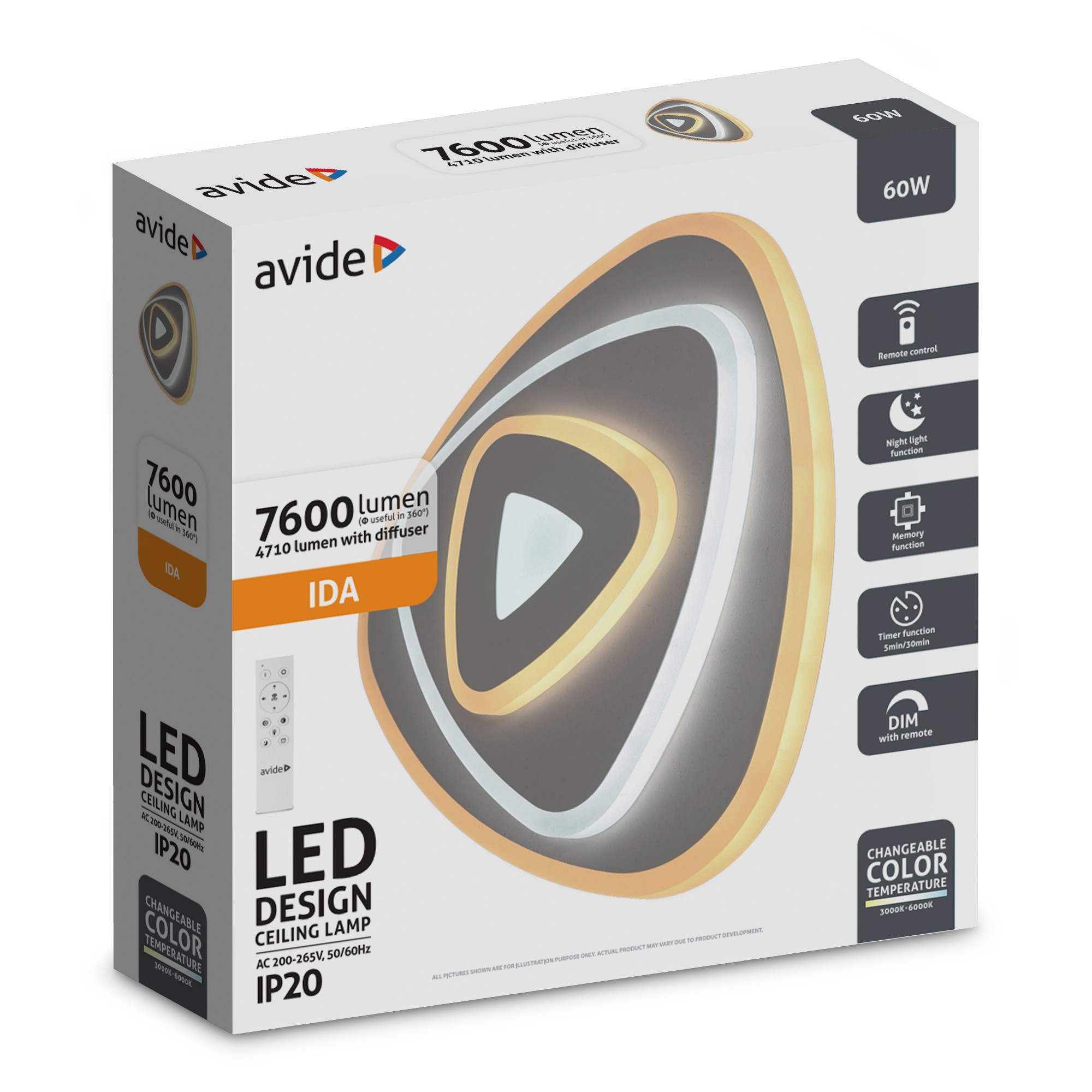 Avide IDA LED mennyezeti lámpa doboza. 7600 lumen, távirányító, időzítő funkcióval.