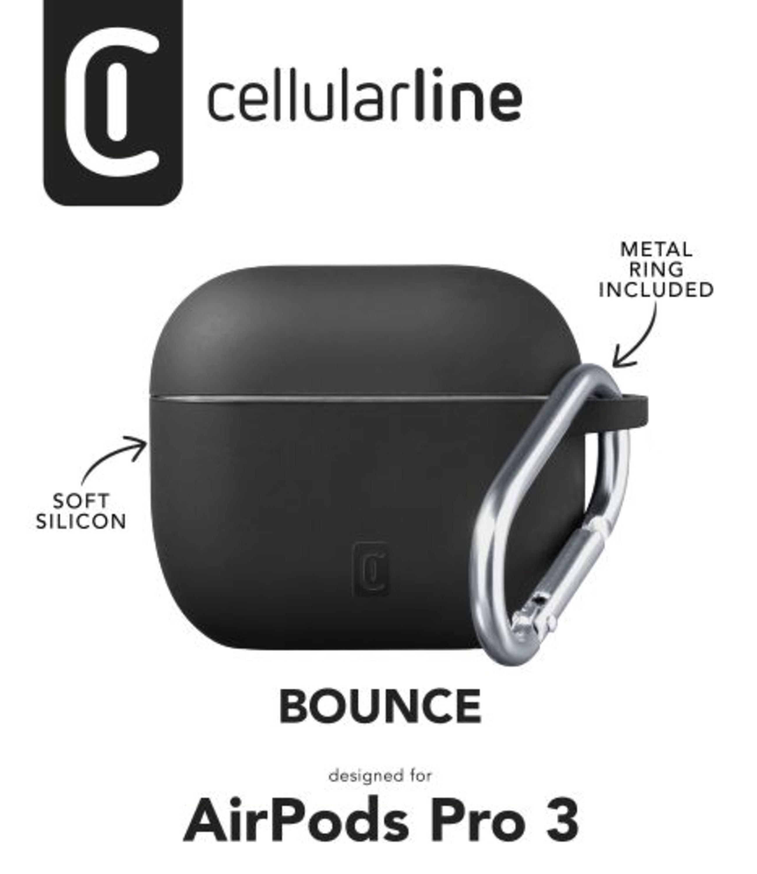 Étui en silicone noir pour AirPods Pro 3 avec anneau métallique.