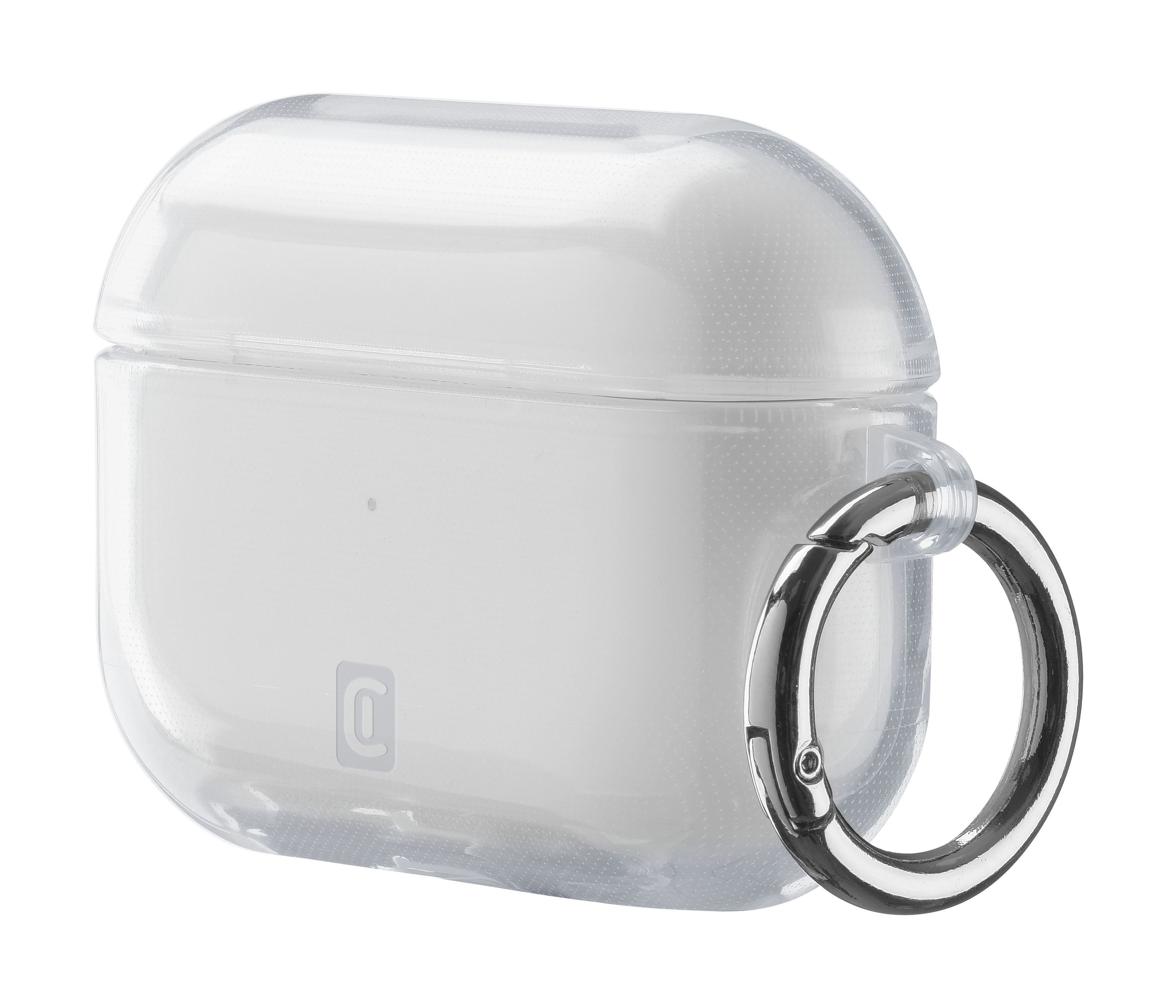 Coque transparente pour écouteurs avec un clip mousqueton argenté.