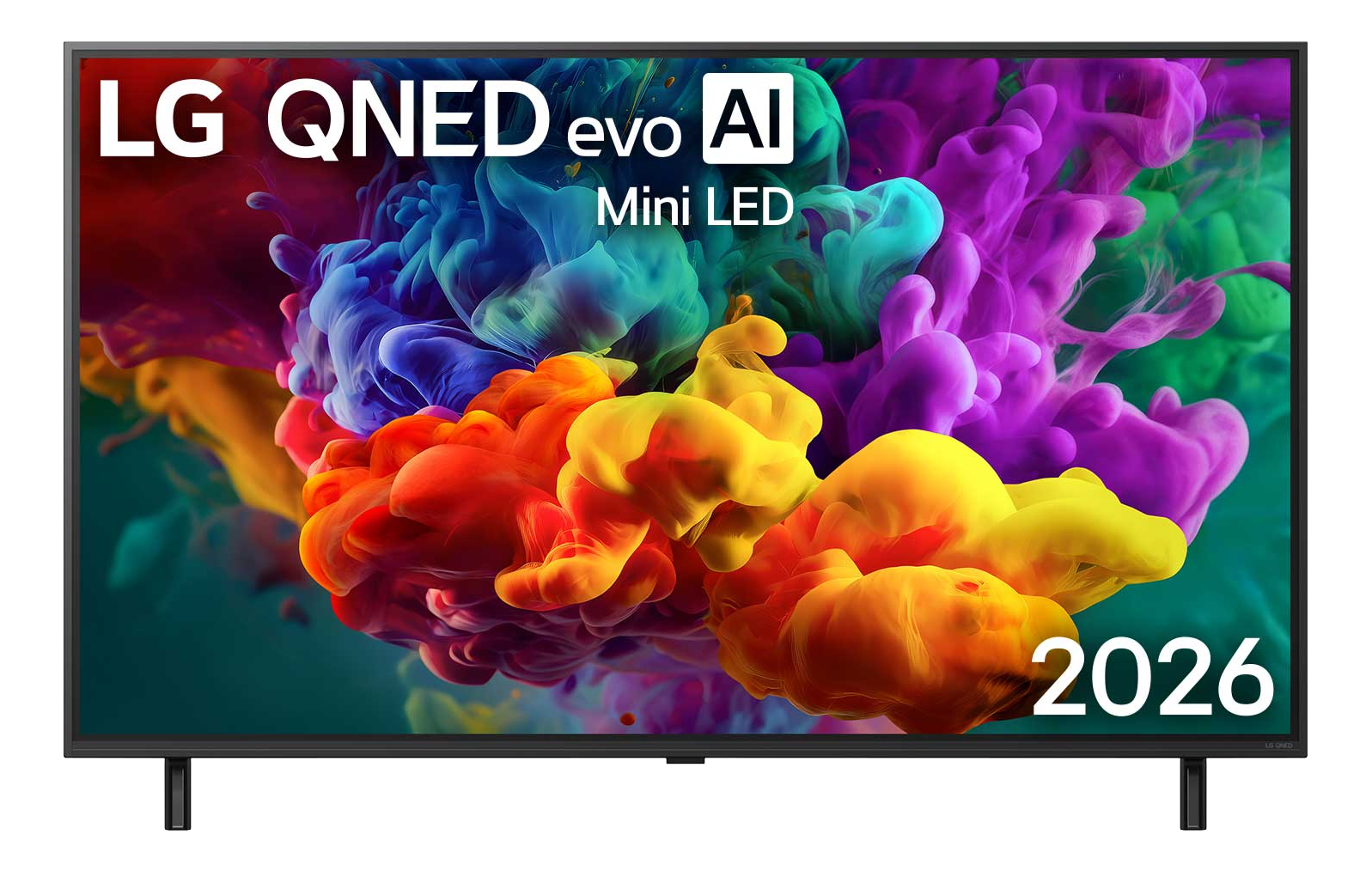 TV LG QNED evo AI Mini LED con nuvole di fumo colorate e l'anno 2026.