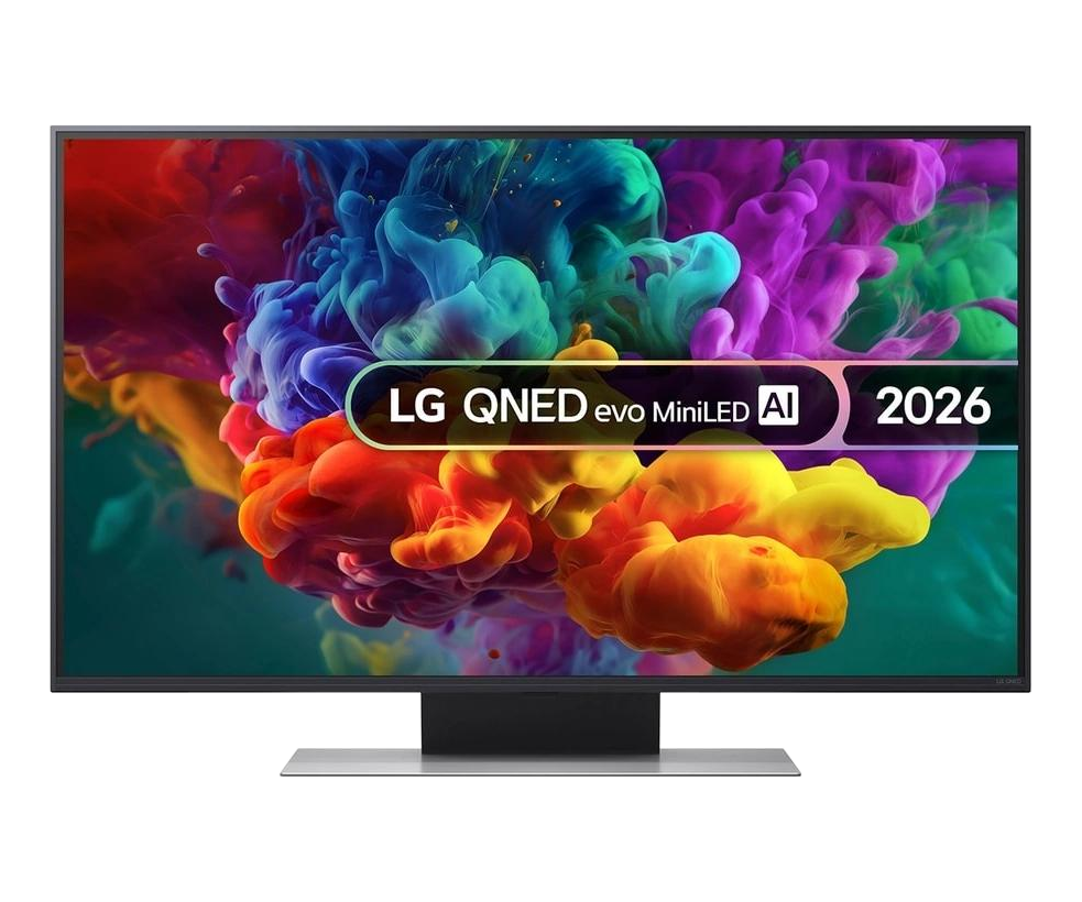 La TV LG QNED evo MiniLED mostra vortici colorati simili a fumo e l'anno 2026.