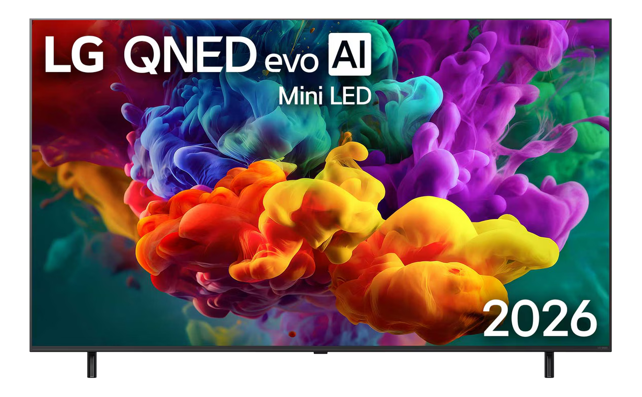 TV LG QNED evo AI Mini LED con grafica di fumo colorato e l'anno 2026.