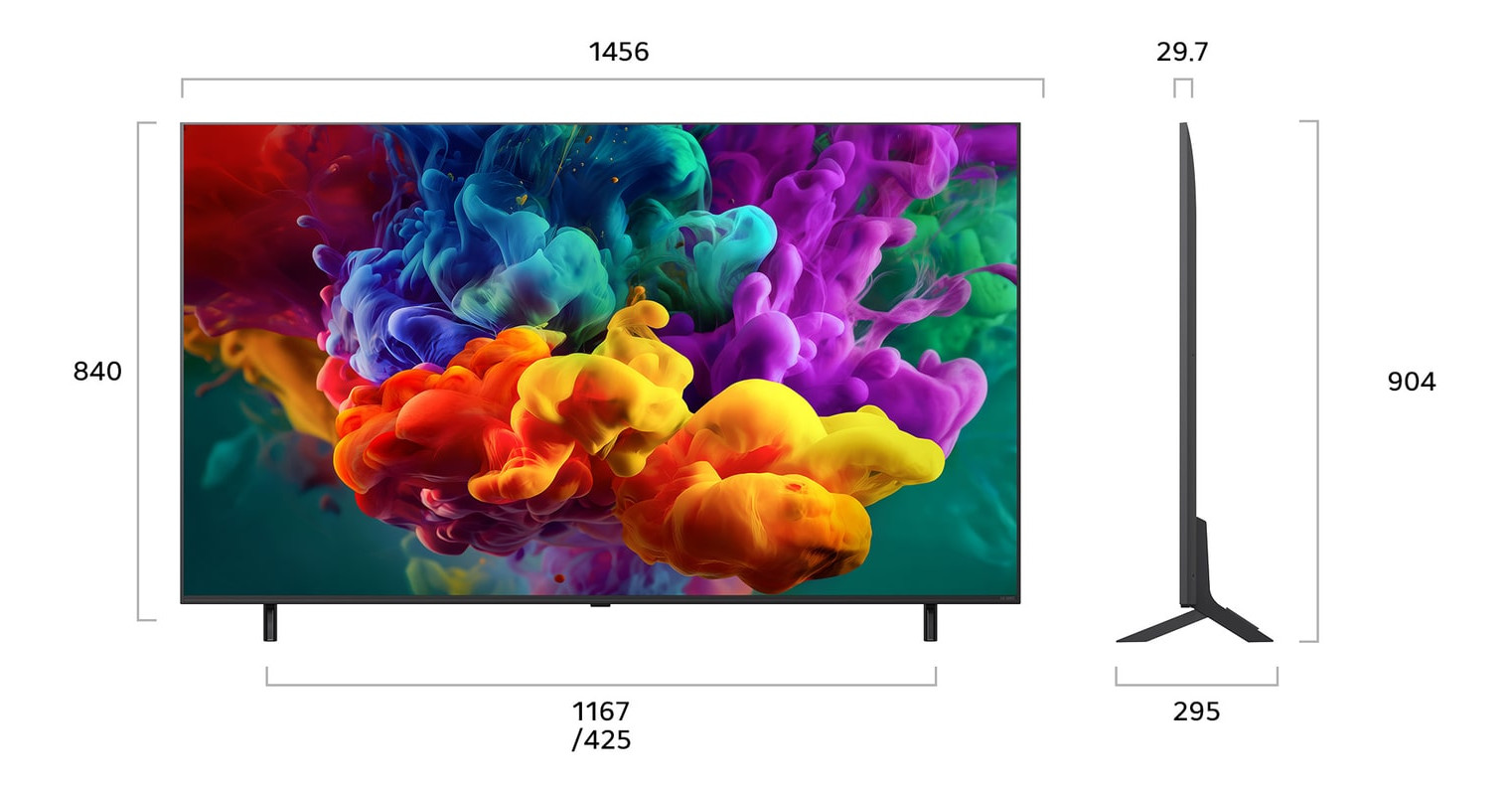 Una TV moderna a schermo piatto mostra vibranti esplosioni colorate simili a fumo.
