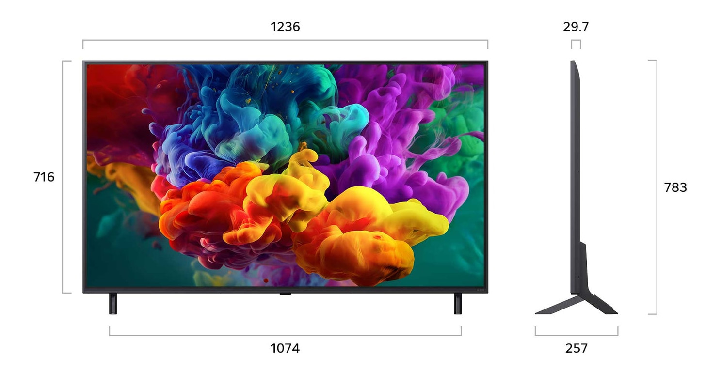 Dimensioni TV: 1236x716x29,7mm. Vista laterale: 783x257mm.