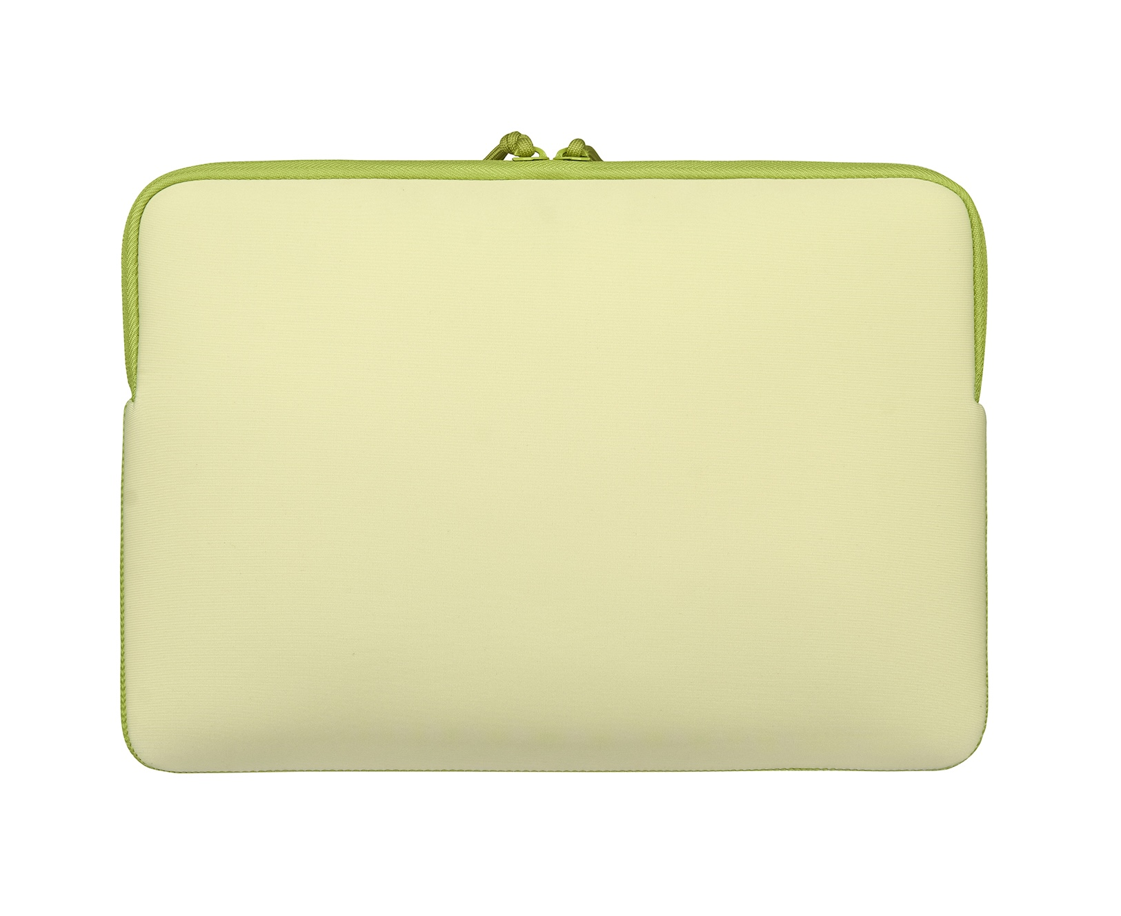 Custodia per laptop giallo chiaro con cerniera e bordo verdi.