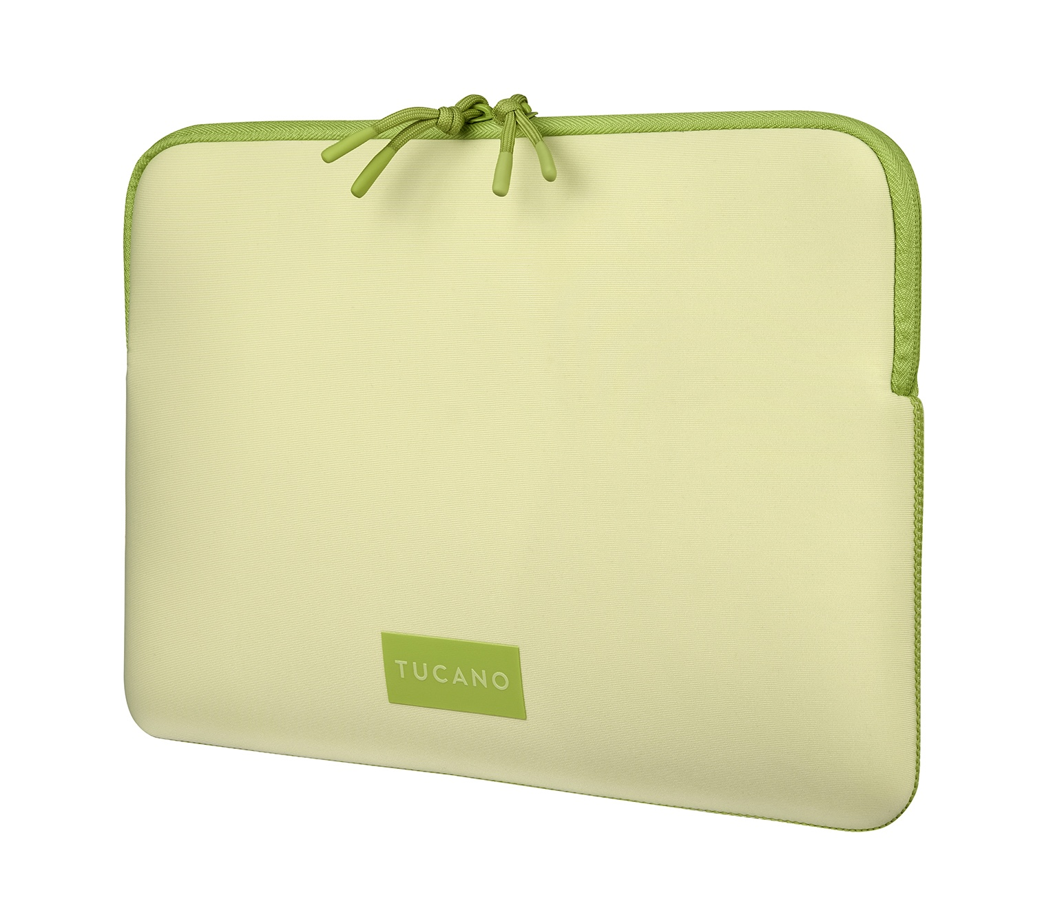 Custodia per laptop giallo chiaro con tiretti zip e cordino verdi
