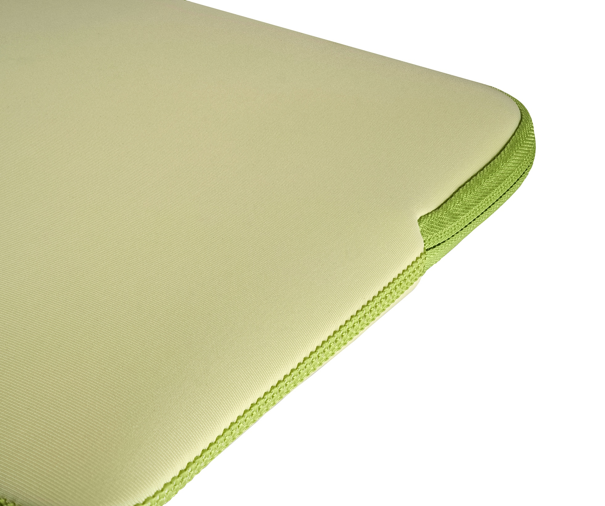 Custodia per laptop verde chiaro con dettaglio cerniera verde, vista ravvicinata.