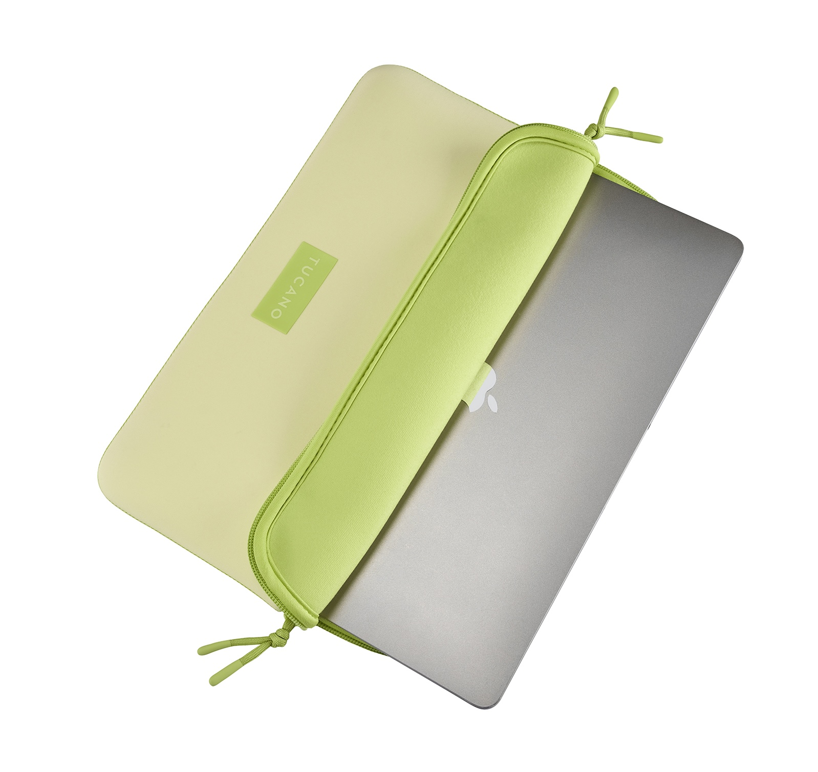 Custodia per laptop giallo chiaro con cerniera verde lime e laptop.