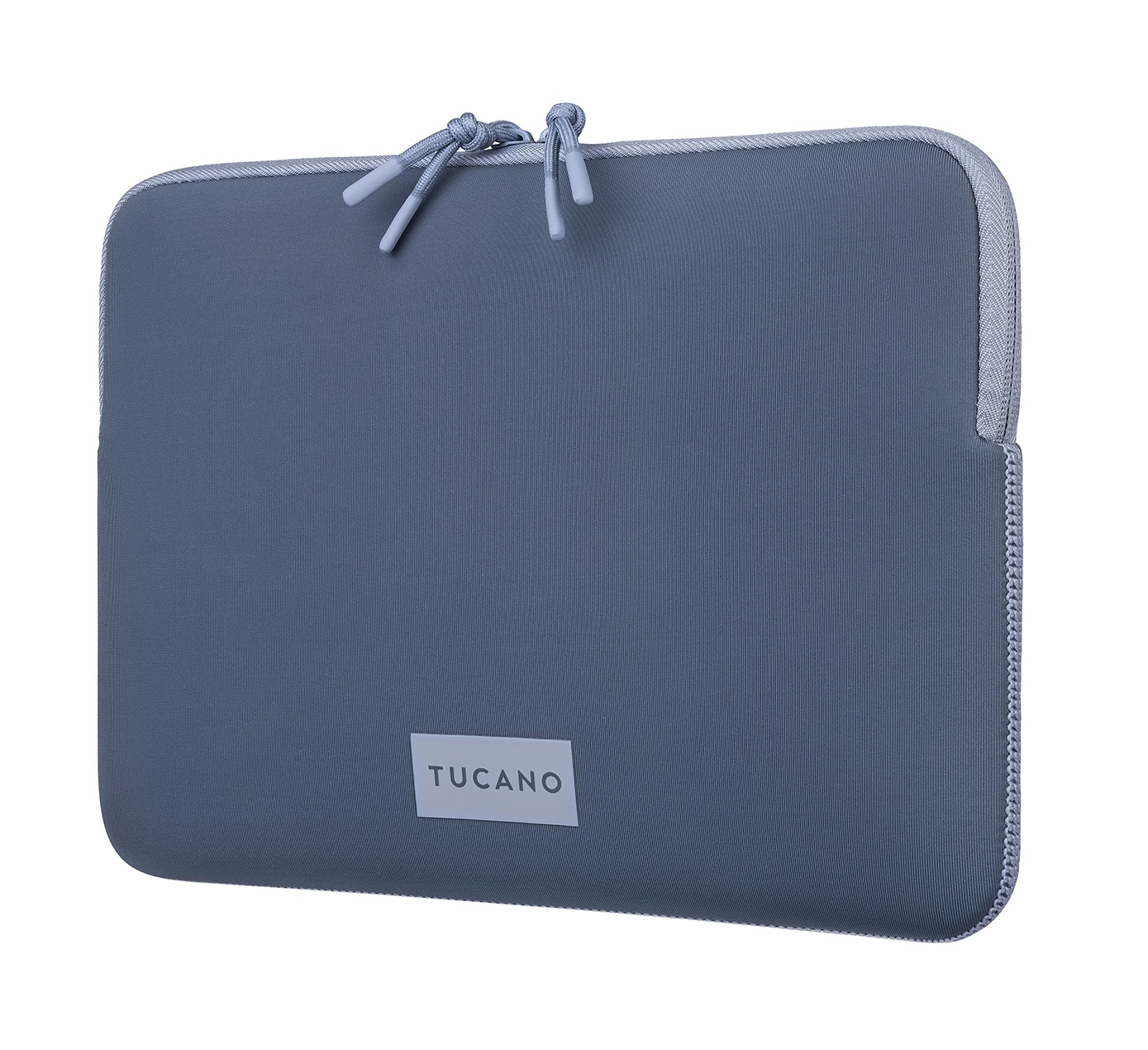 Custodia grigia per laptop con cerniera argentata e tiretti.