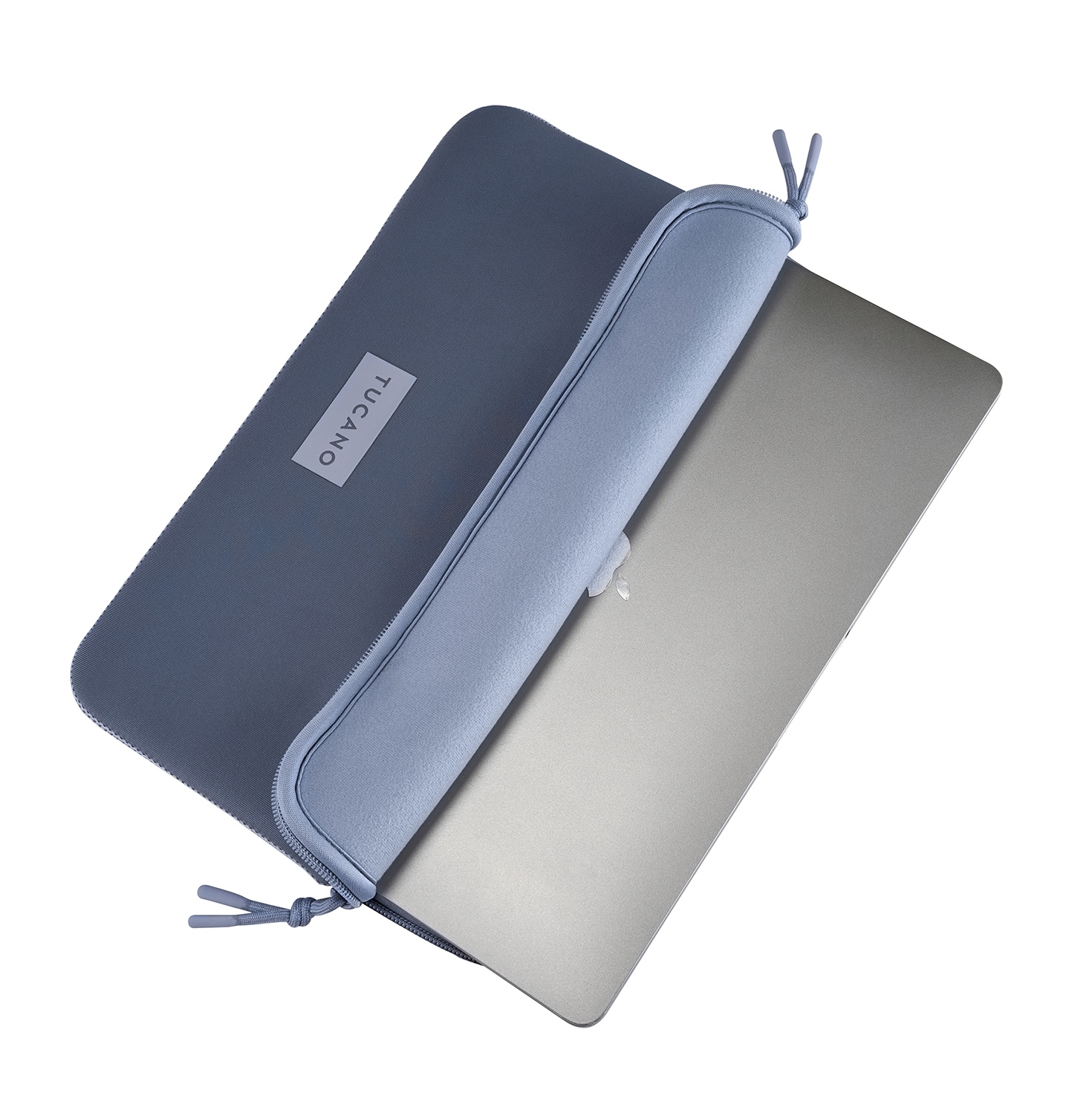 Custodia grigia per laptop con cerniera e linguette, parzialmente aperta.