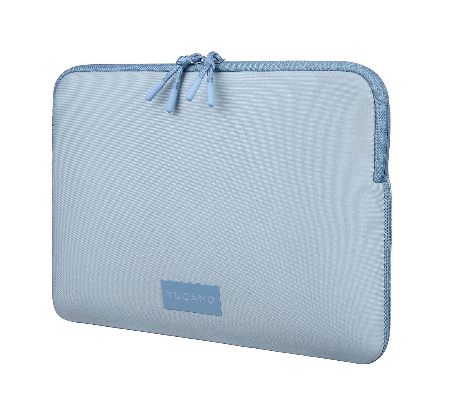 Custodia blu chiaro per laptop con due tiretti e logo.