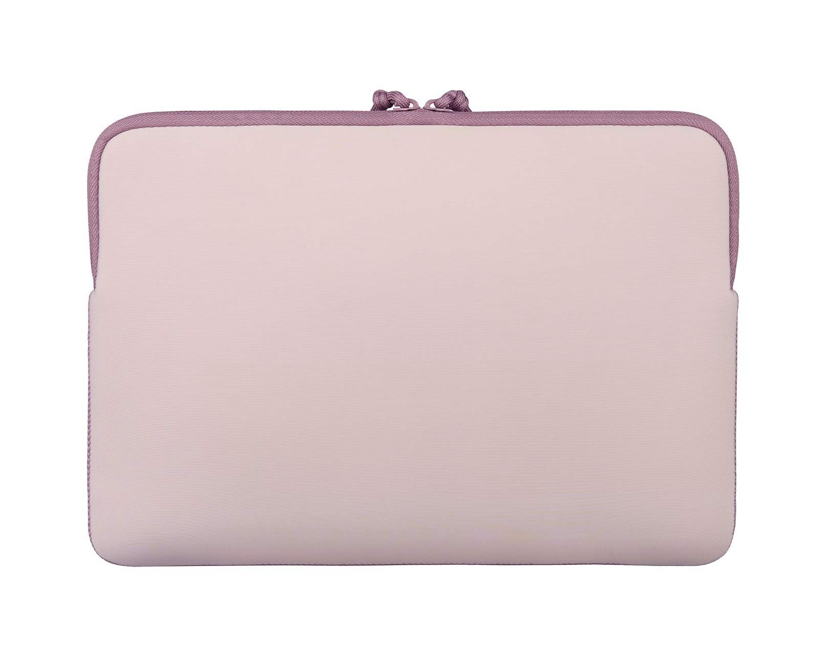 Una custodia per laptop rosa chiaro con bordo viola e cerniera.