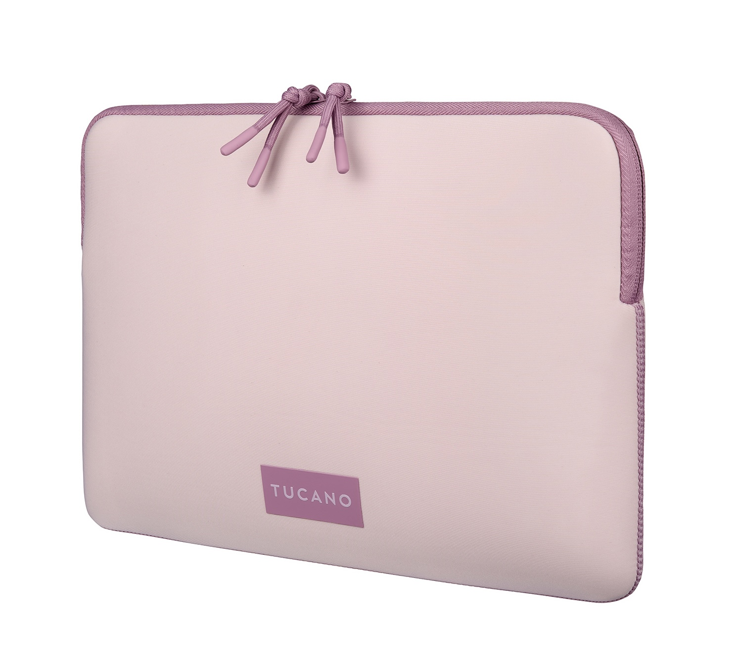Una custodia per laptop rosa chiaro con profili e cerniera viola, e due tiretti viola.