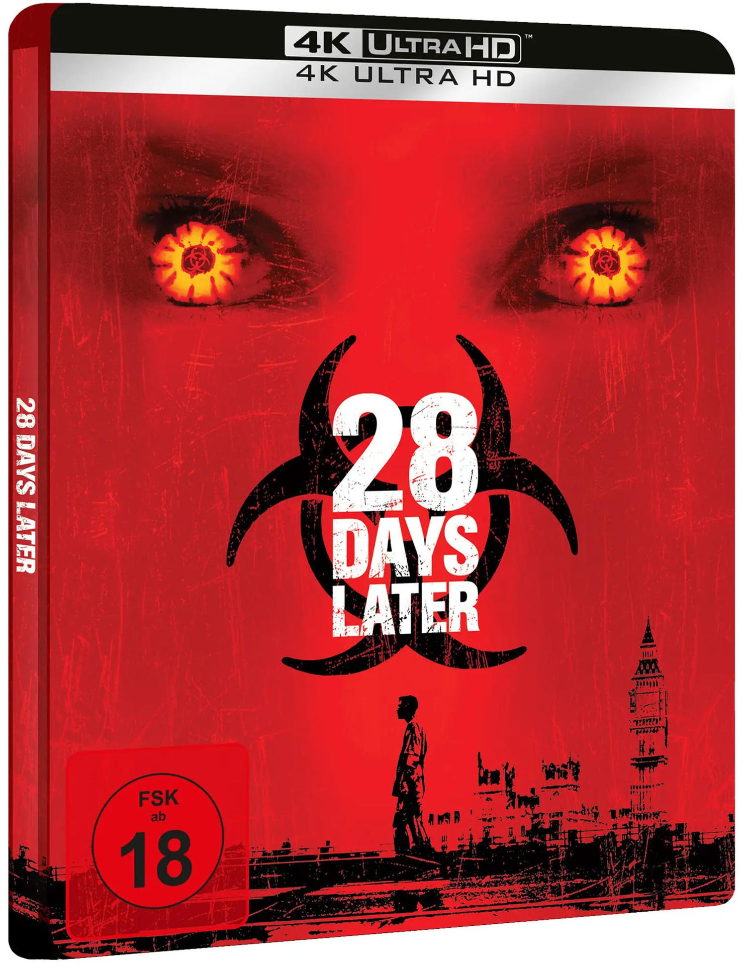 Ein Mann steht vor einer roten Kulisse mit dem Titel 28 Days Later.