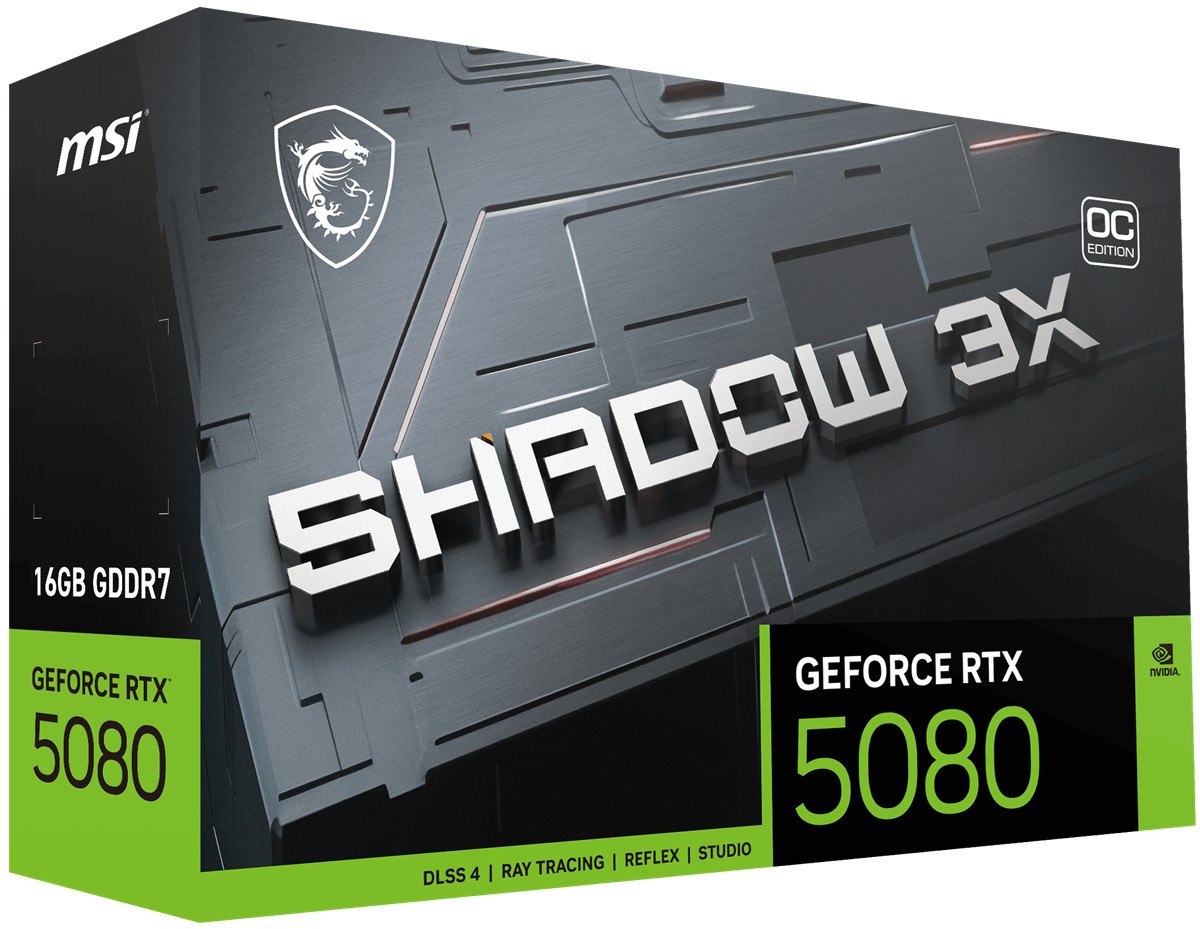 MSI GeForce RTX 5080 grafik kartı kutusu, "Shadow 3X" markalamasıyla.