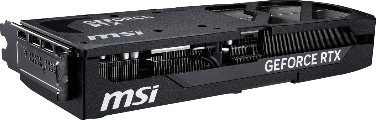 Kanatçıklar ve bağlantı noktalarına sahip siyah MSI GeForce RTX grafik kartı.