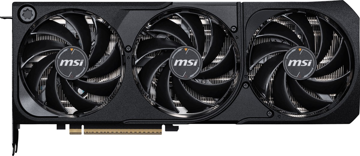Üç fanlı ve MSI logolu siyah ekran kartı, önden görünüm.