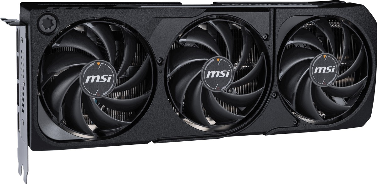 Üç fanlı, MSI logolu siyah ekran kartı.