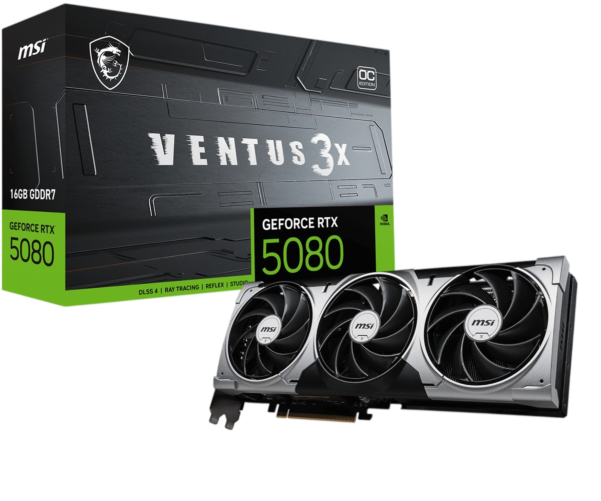 MSI Ventus 3X GeForce RTX 5080 ekran kartı ve kutusu.