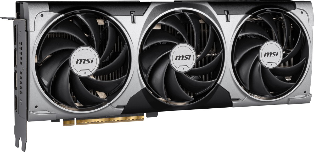 Gümüş vurgulu, üç fanlı gri MSI ekran kartı.