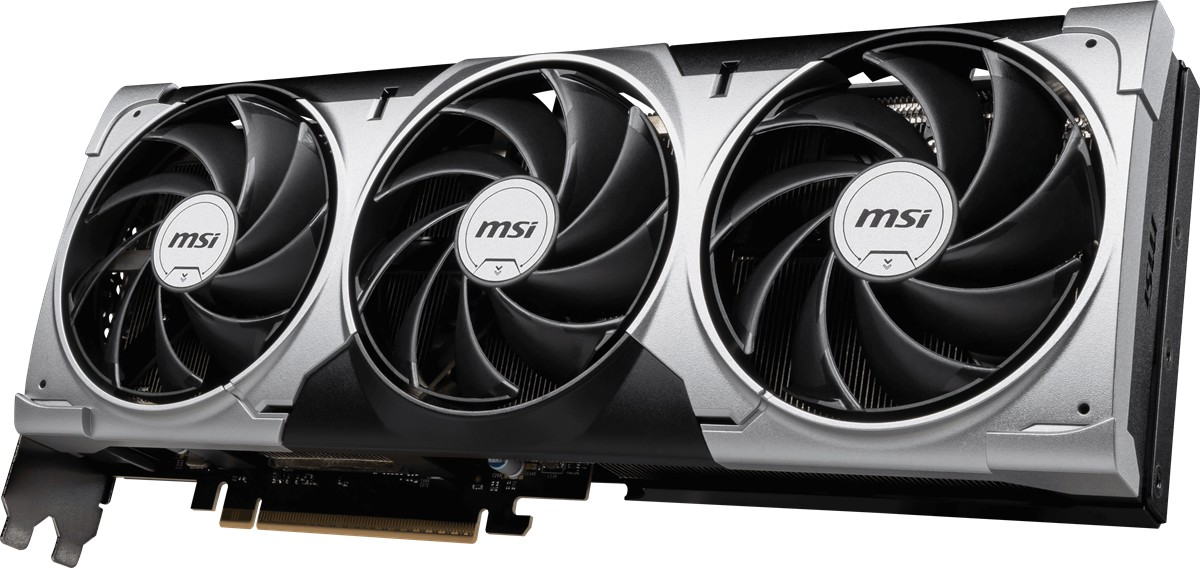 Üç fanlı ve MSI logolu gümüş ve siyah grafik kartı.