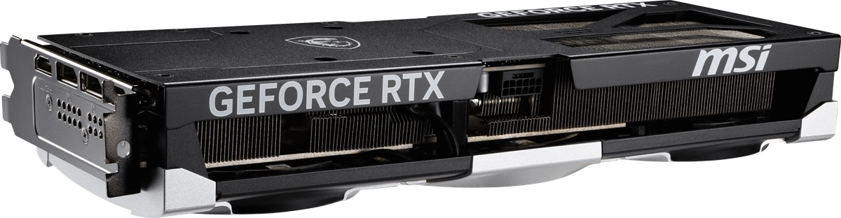 GeForce RTX ve MSI logolu siyah ekran kartı. Soğutucu kanatçıklar ve konektörler görünür.