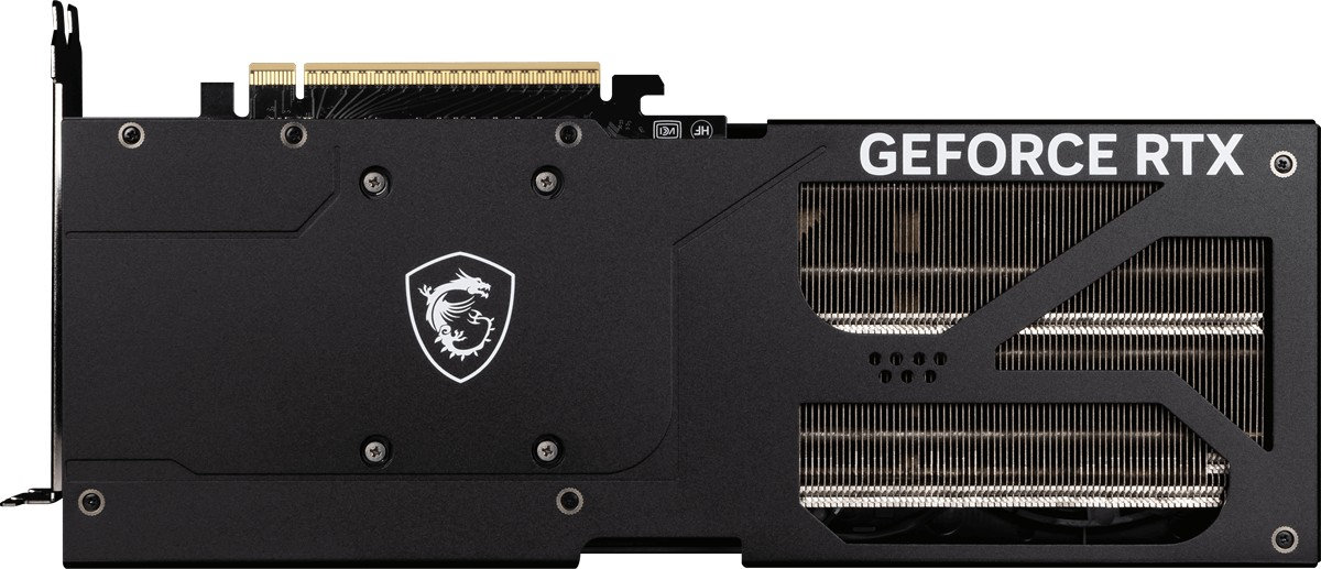 Gümüş MSI logosu ve "GEFORCE RTX" yazısı bulunan siyah grafik kartı.