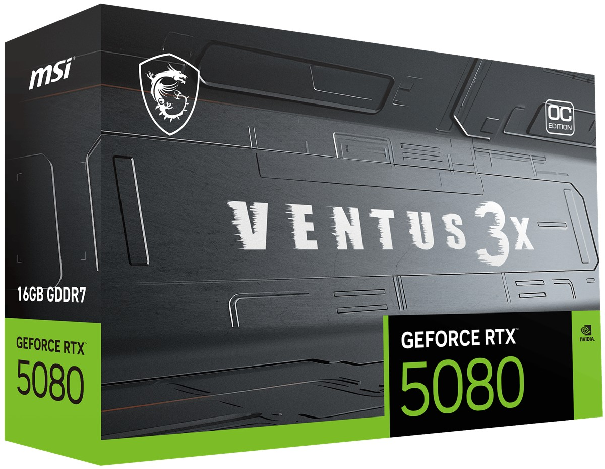 MSI GeForce RTX 5080 Ventus 3X OC Edition grafik kartı siyah ambalaj üzerinde.
