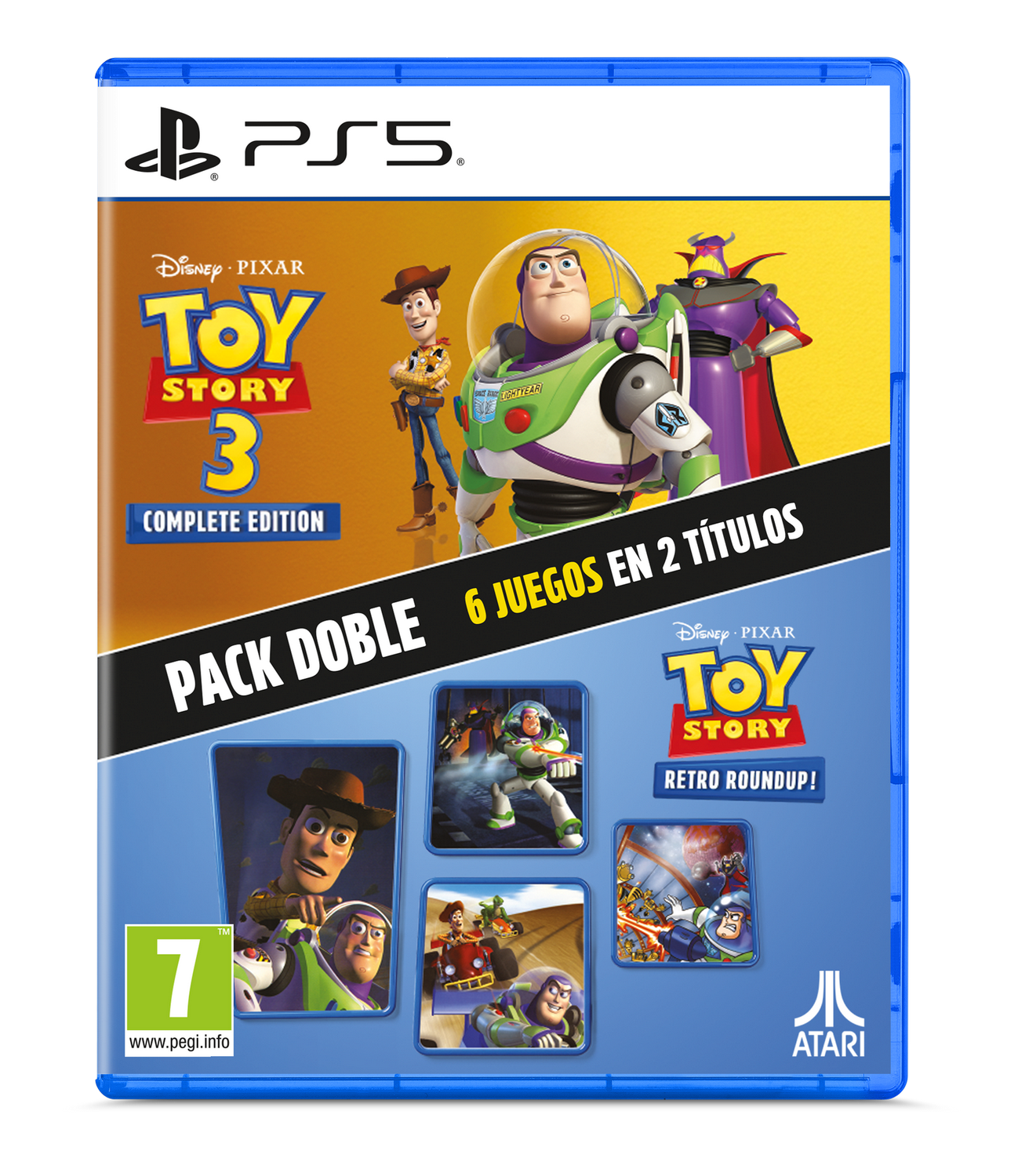Caja de juego PlayStation 5 para Toy Story 3 y Retro Roundup, con personajes.