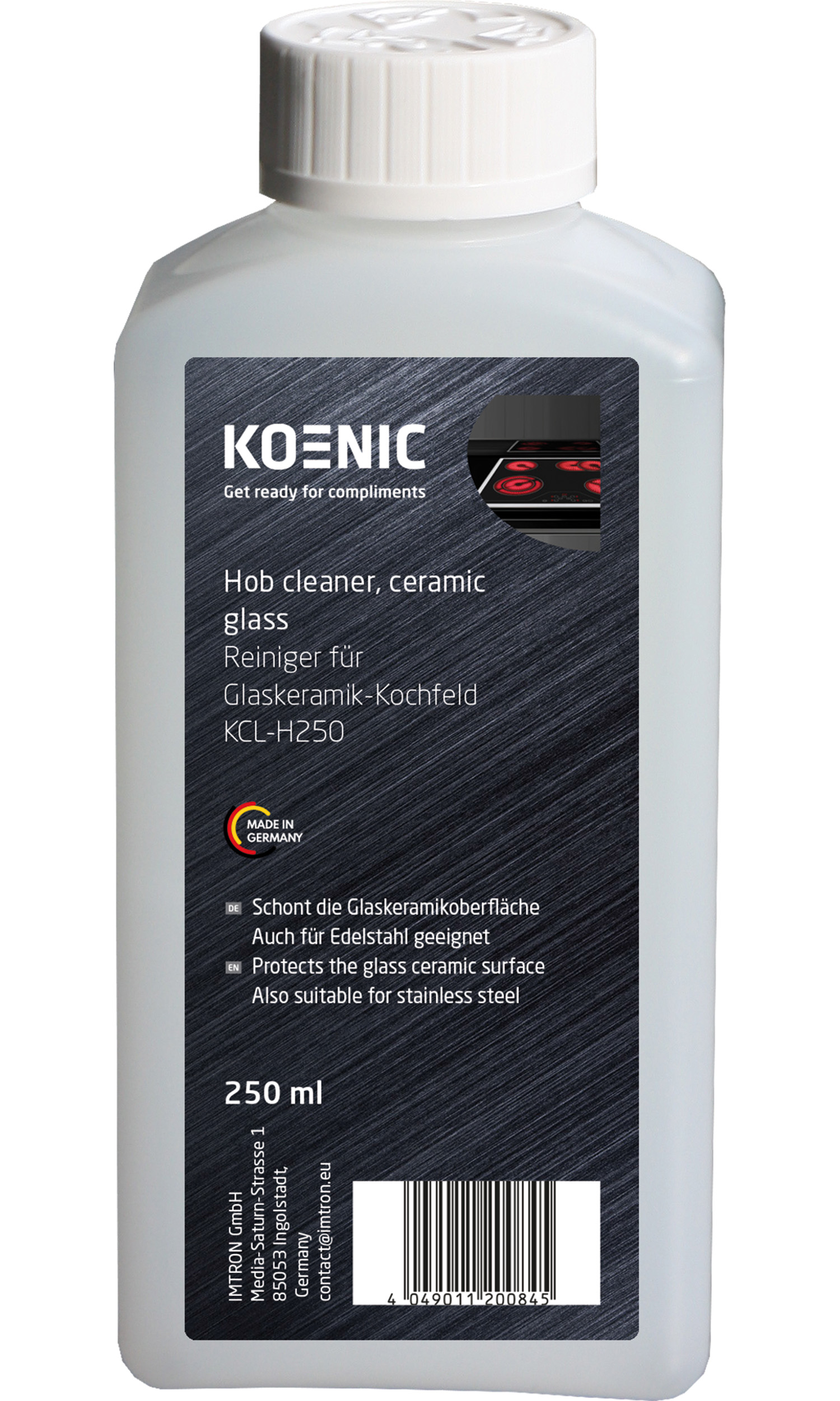 Weiße Flasche mit Kochfeldreiniger. "KOENIC" Logo oben. Made in Germany.